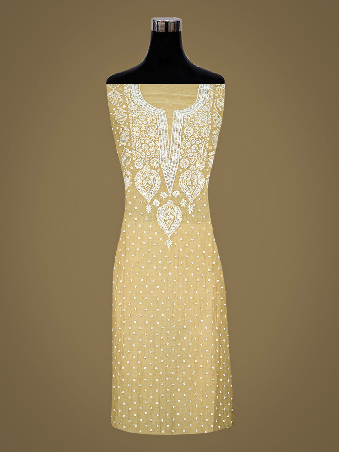 Ada Hand Embroidered Fawn Chanderi Lucknowi Chikankari Semi-Stitched Kurta Dupatta set with Pearl, Sequinned & Cutdana Work 01A987032