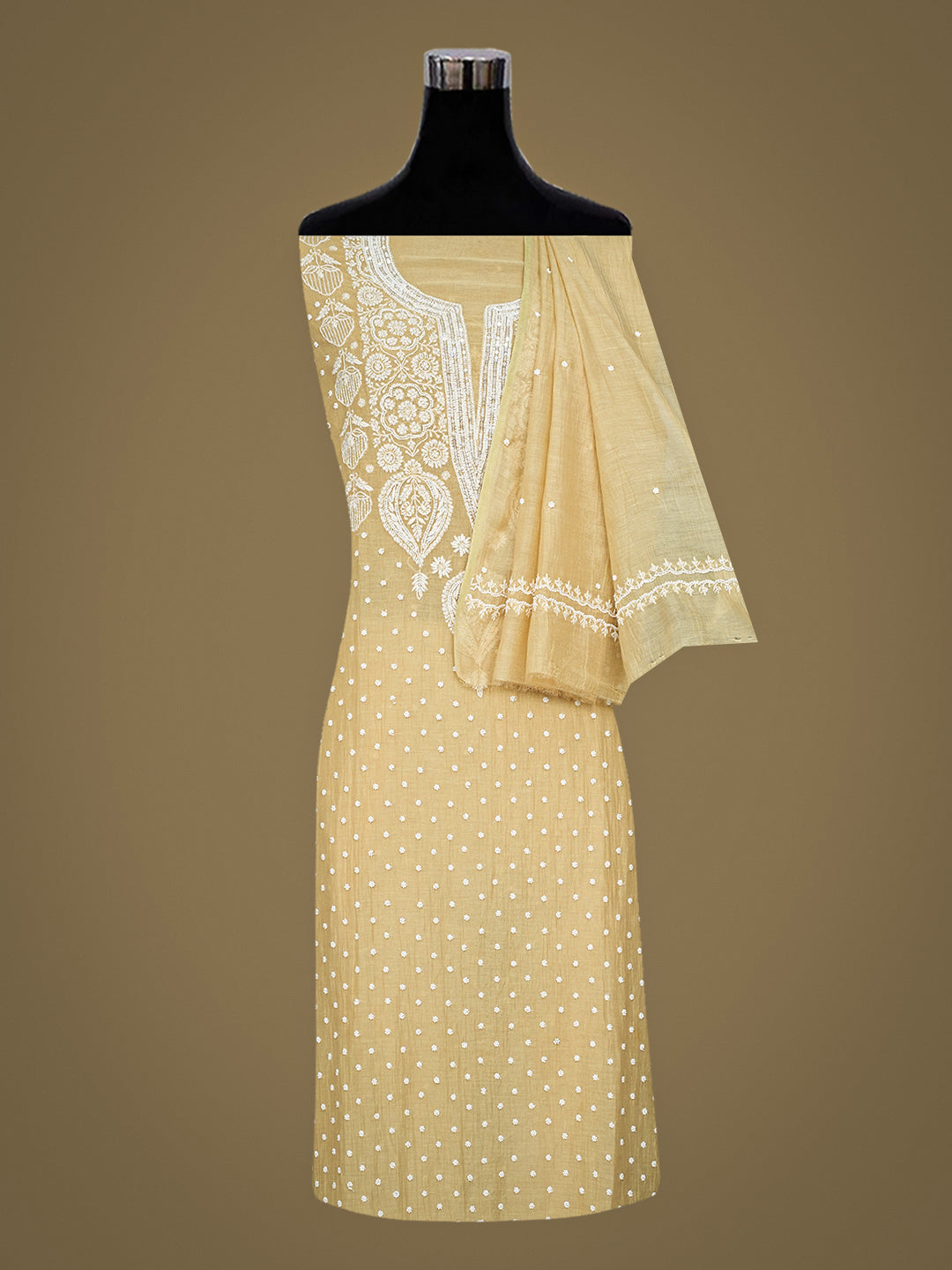 Ada Hand Embroidered Fawn Chanderi Lucknowi Chikankari Semi-Stitched Kurta Dupatta set with Pearl, Sequinned & Cutdana Work 01A987032
