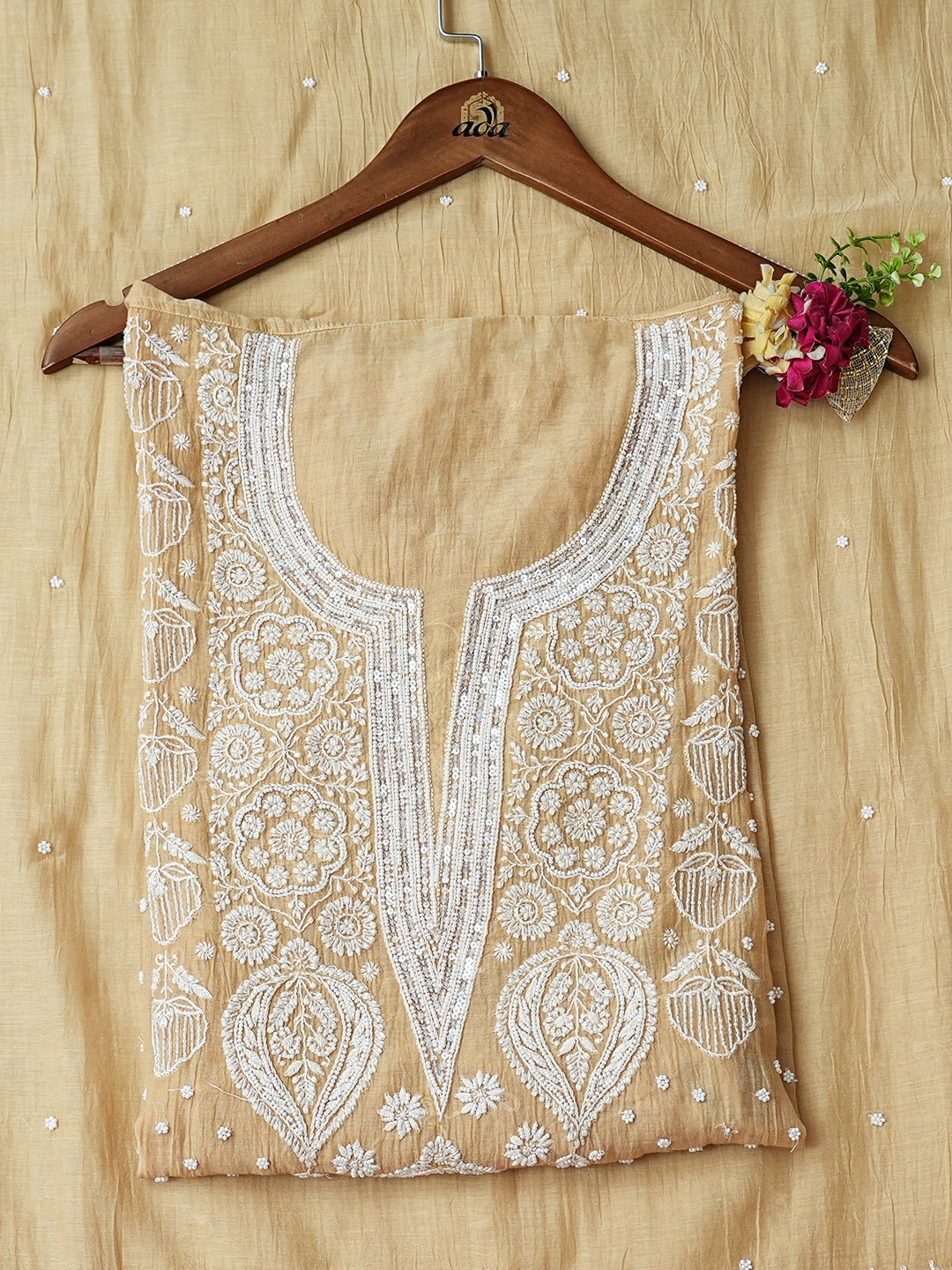Ada Hand Embroidered Fawn Chanderi Lucknowi Chikankari Semi-Stitched Kurta Dupatta set with Pearl, Sequinned & Cutdana Work 01A987032