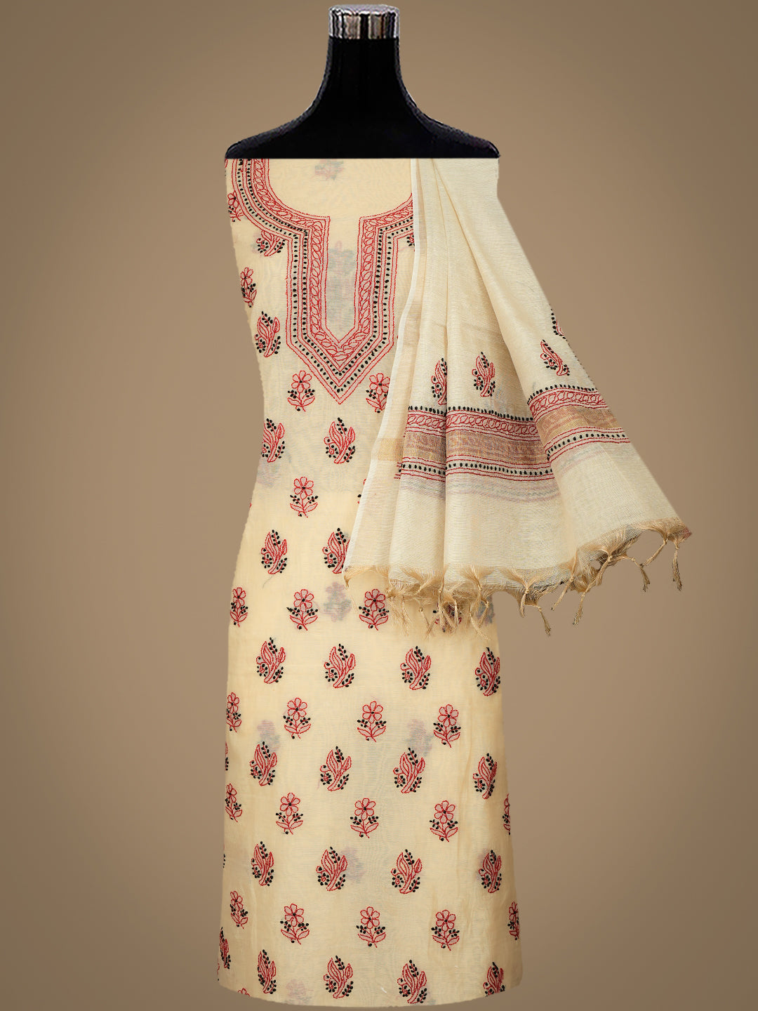 Ada Hand Embroidered Fawn Chanderi Lucknowi Chikankari Unstitched Kurta Dupatta Set 01A766915