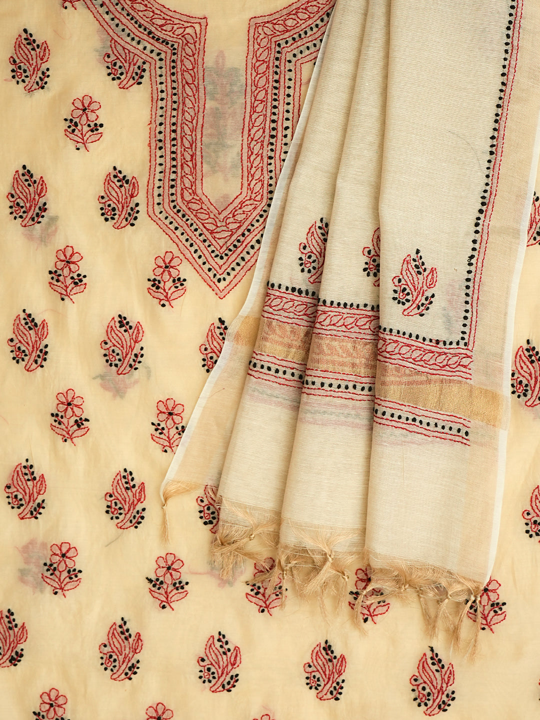 Ada Hand Embroidered Fawn Chanderi Lucknowi Chikankari Unstitched Kurta Dupatta Set 01A766915