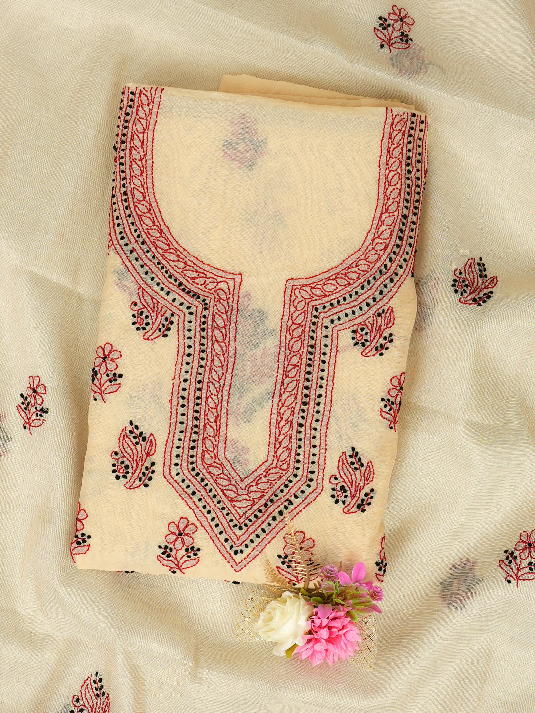 Ada Hand Embroidered Fawn Chanderi Lucknowi Chikankari Unstitched Kurta Dupatta Set 01A766915