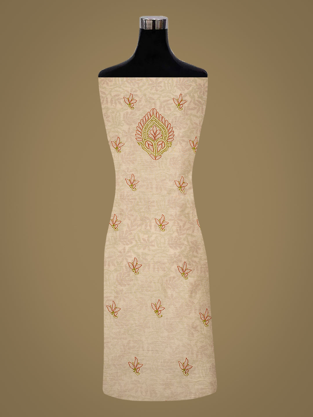 Ada Hand Embroidered Fawn Chanderi Lucknowi Chikankari Unstitched Kurta Dupatta Set 01A980142