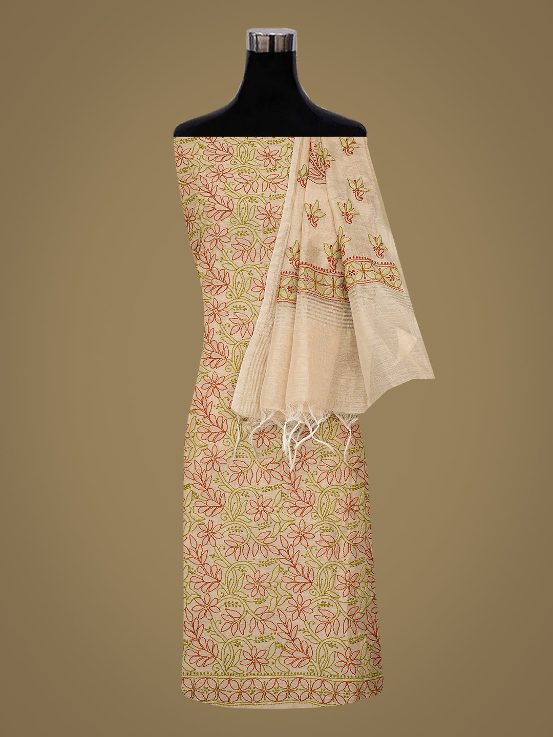 Ada Hand Embroidered Fawn Chanderi Lucknowi Chikankari Unstitched Kurta Dupatta Set 01A980142