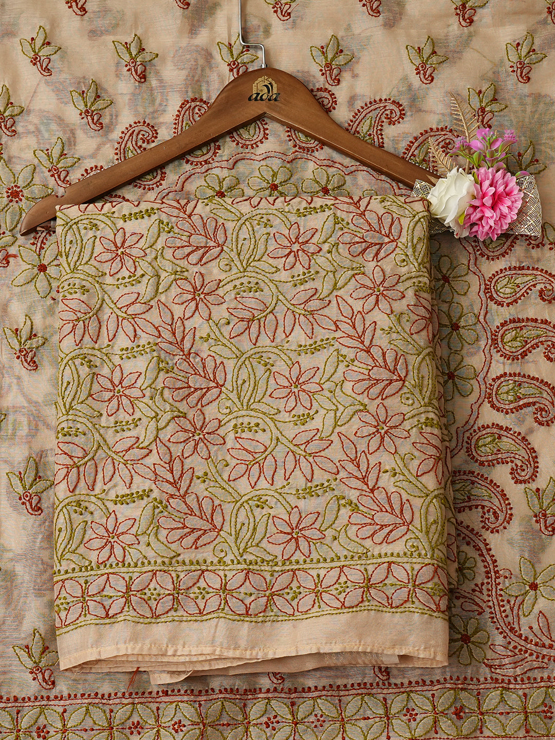 Ada Hand Embroidered Fawn Chanderi Lucknowi Chikankari Unstitched Kurta Dupatta Set 01A980142