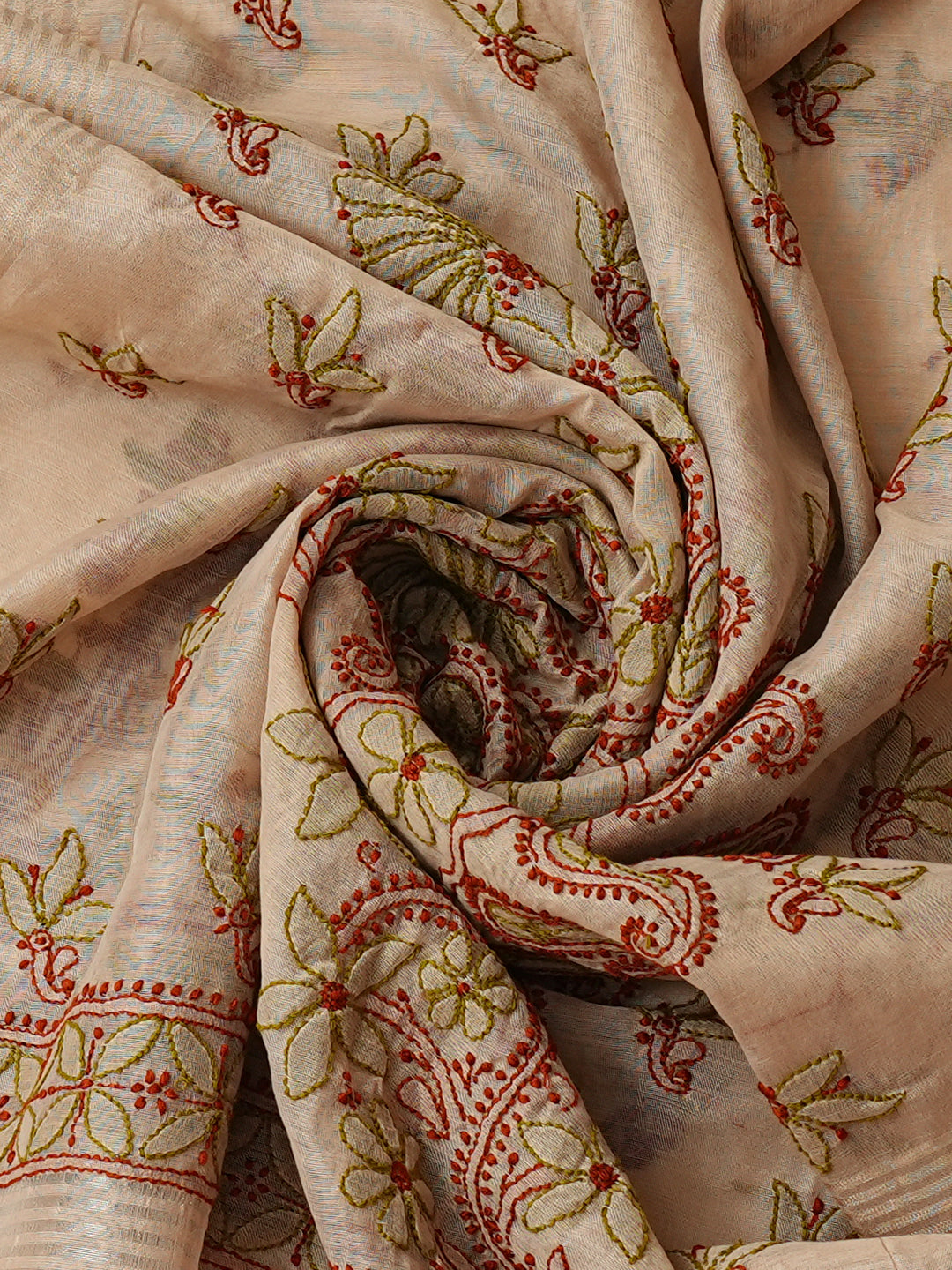 Ada Hand Embroidered Fawn Chanderi Lucknowi Chikankari Unstitched Kurta Dupatta Set 01A980142