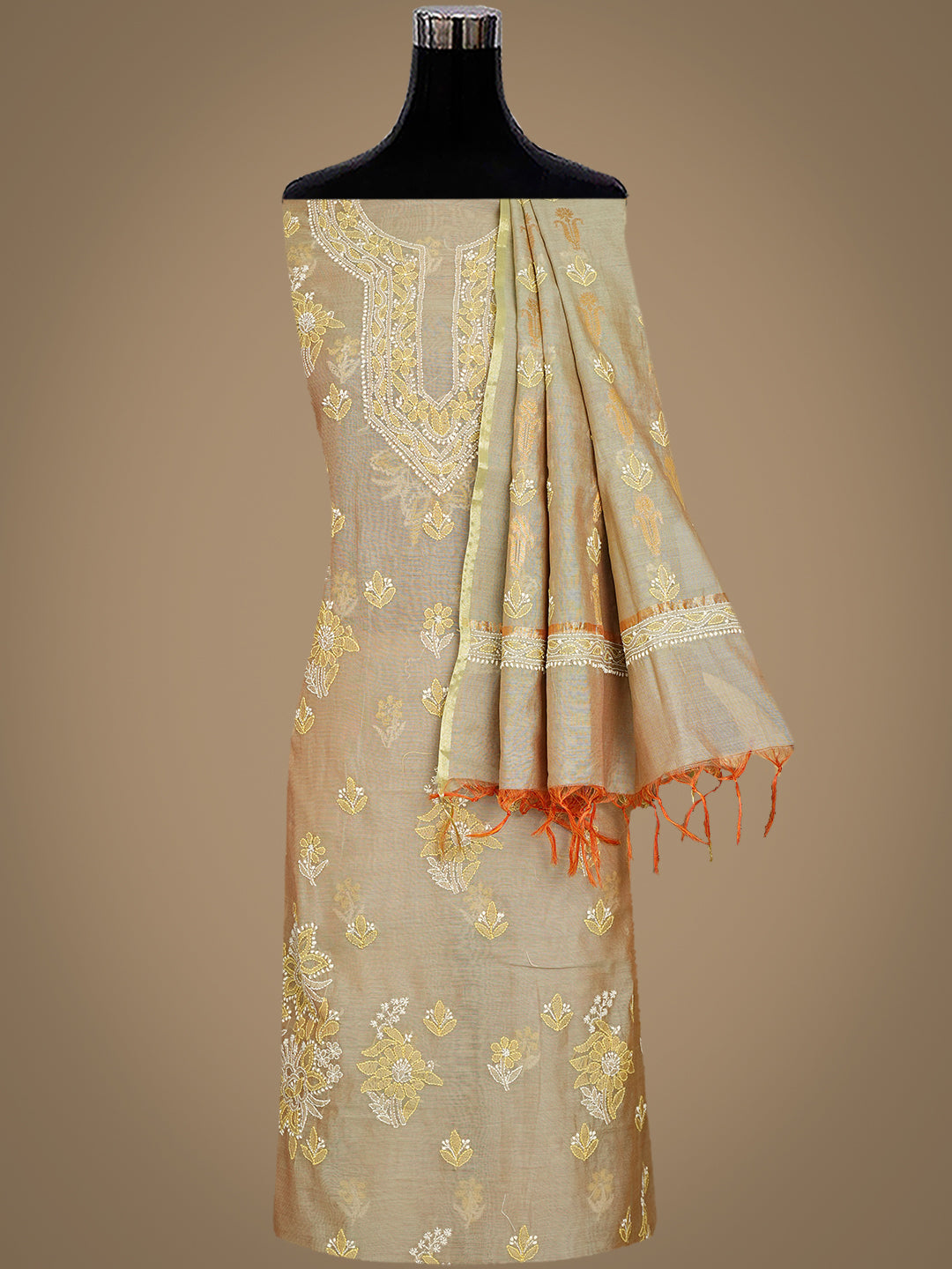 Ada Hand Embroidered Fawn Chanderi Lucknowi Chikankari Unstitched Kurta Dupatta Set 01A999179