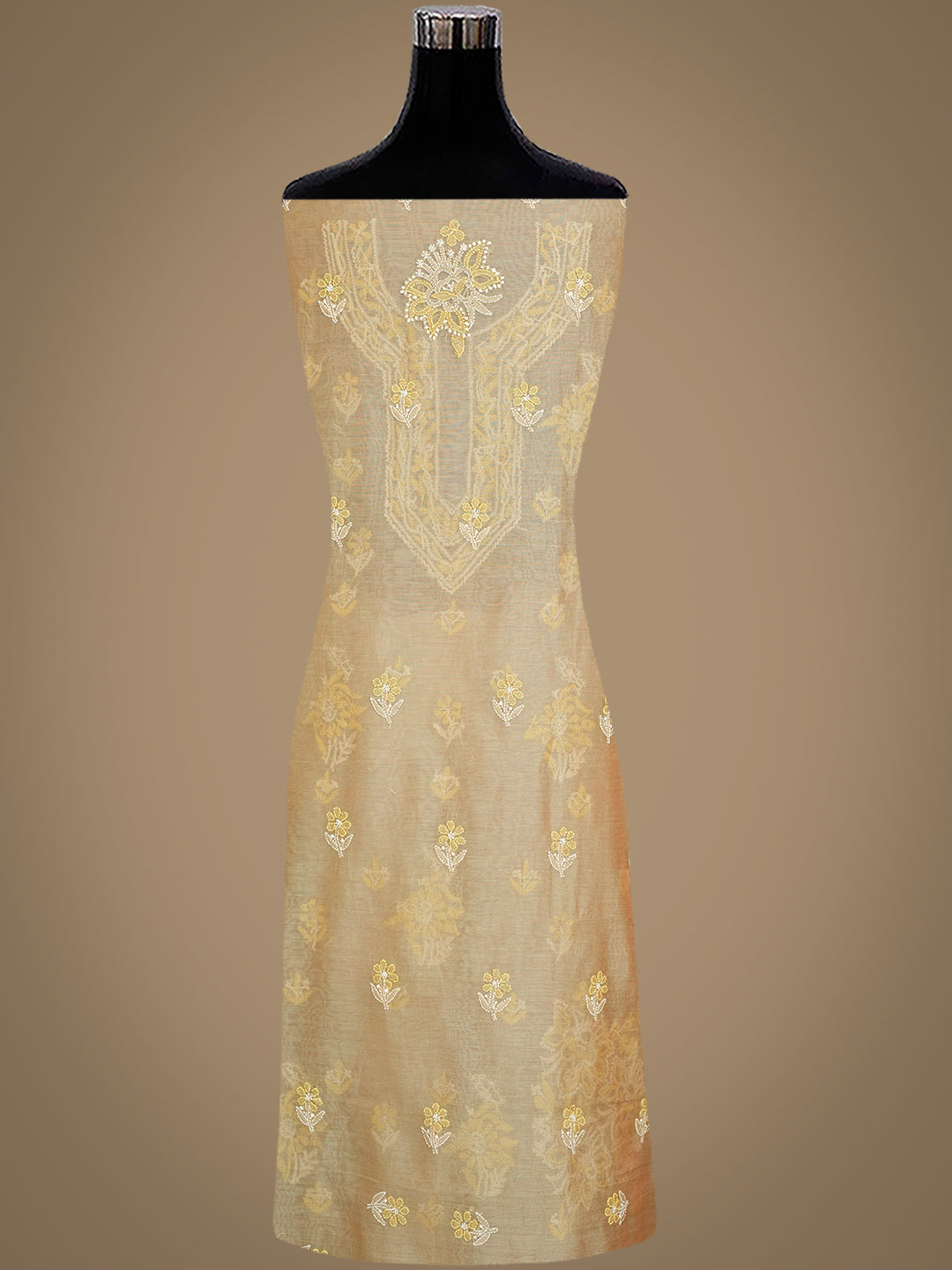 Ada Hand Embroidered Fawn Chanderi Lucknowi Chikankari Unstitched Kurta Dupatta Set 01A999179