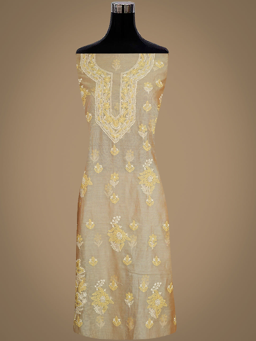 Ada Hand Embroidered Fawn Chanderi Lucknowi Chikankari Unstitched Kurta Dupatta Set 01A999179