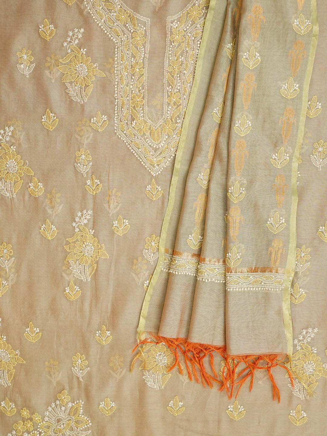 Ada Hand Embroidered Fawn Chanderi Lucknowi Chikankari Unstitched Kurta Dupatta Set 01A999179