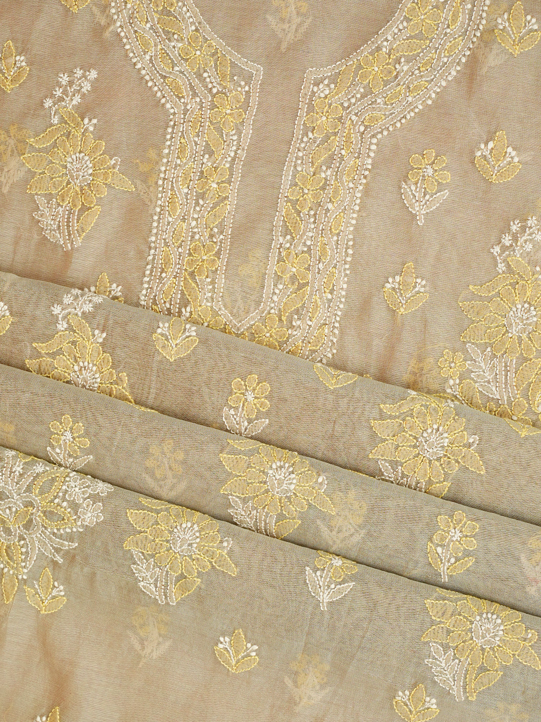 Ada Hand Embroidered Fawn Chanderi Lucknowi Chikankari Unstitched Kurta Dupatta Set 01A999179