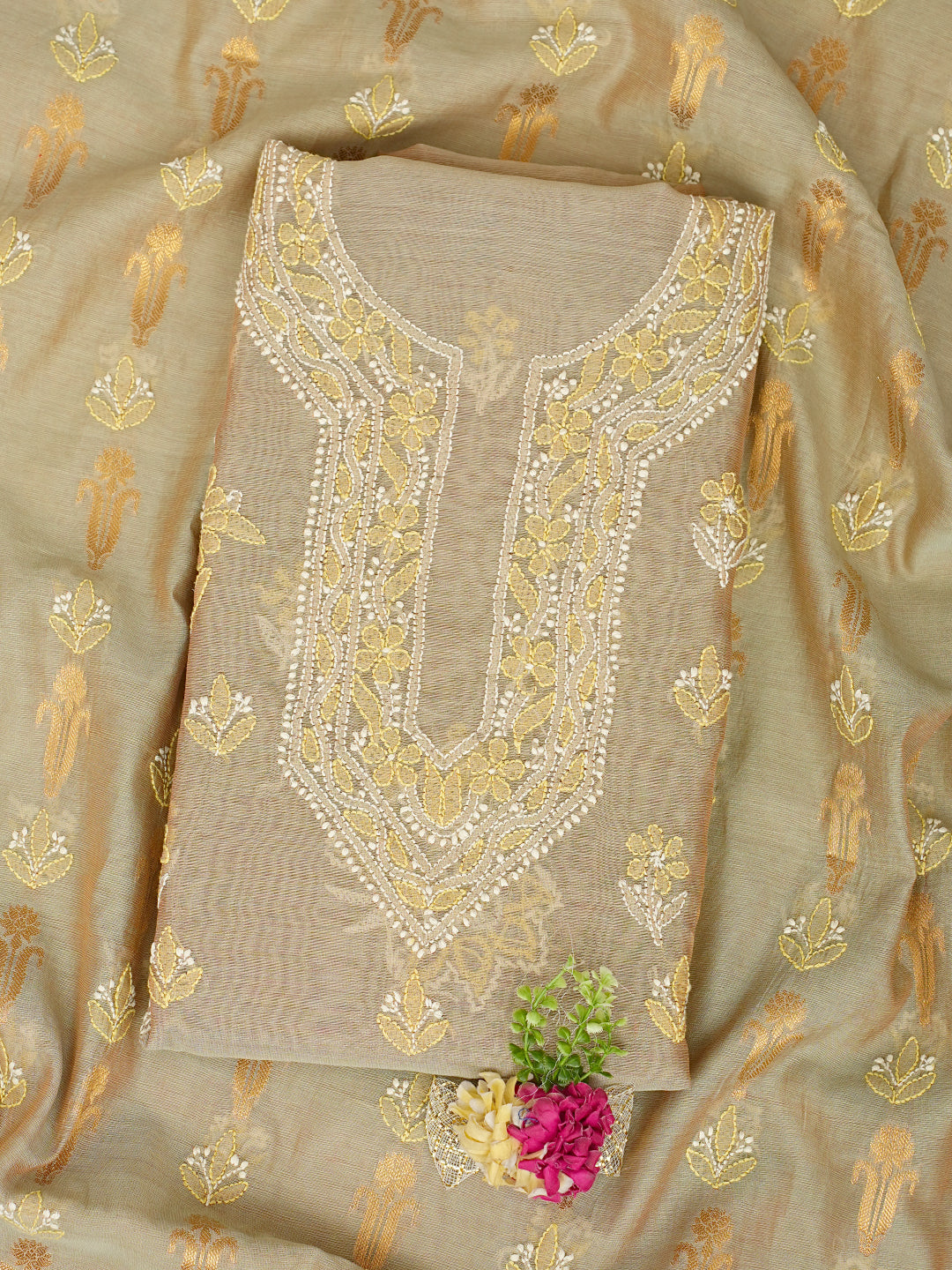 Ada Hand Embroidered Fawn Chanderi Lucknowi Chikankari Unstitched Kurta Dupatta Set 01A999179