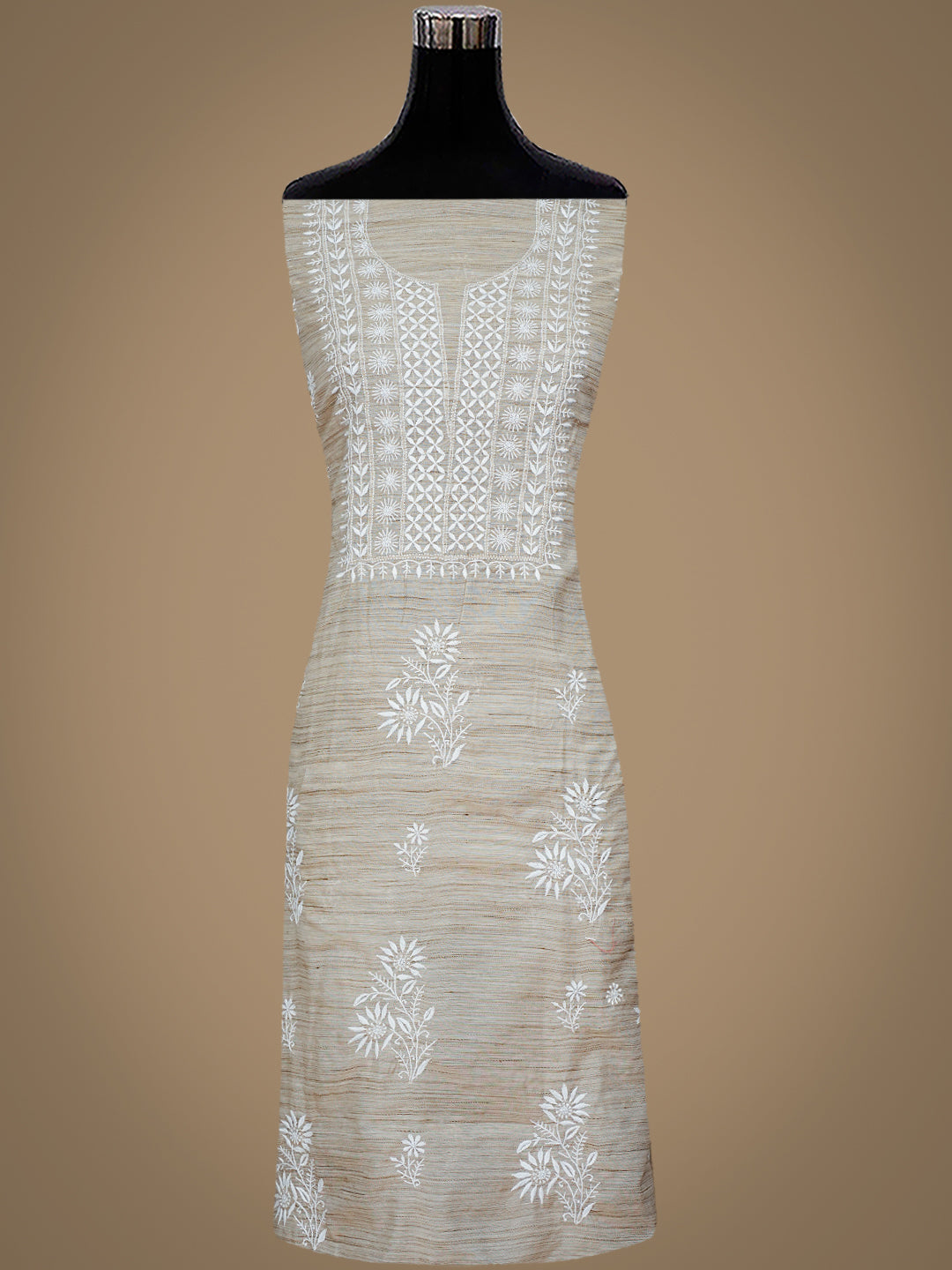 Ada Hand Embroidered Fawn Chanderi Lucknowi Chikankari Unstitched Kurta Dupatta Set 07A501035