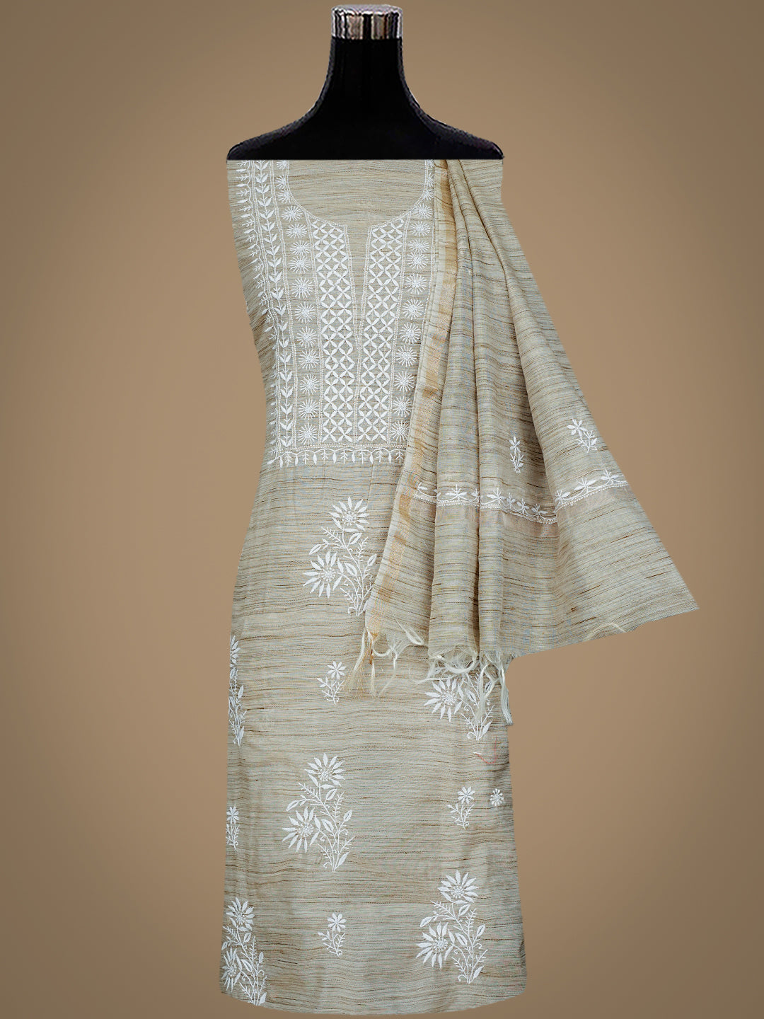 Ada Hand Embroidered Fawn Chanderi Lucknowi Chikankari Unstitched Kurta Dupatta Set 07A501035