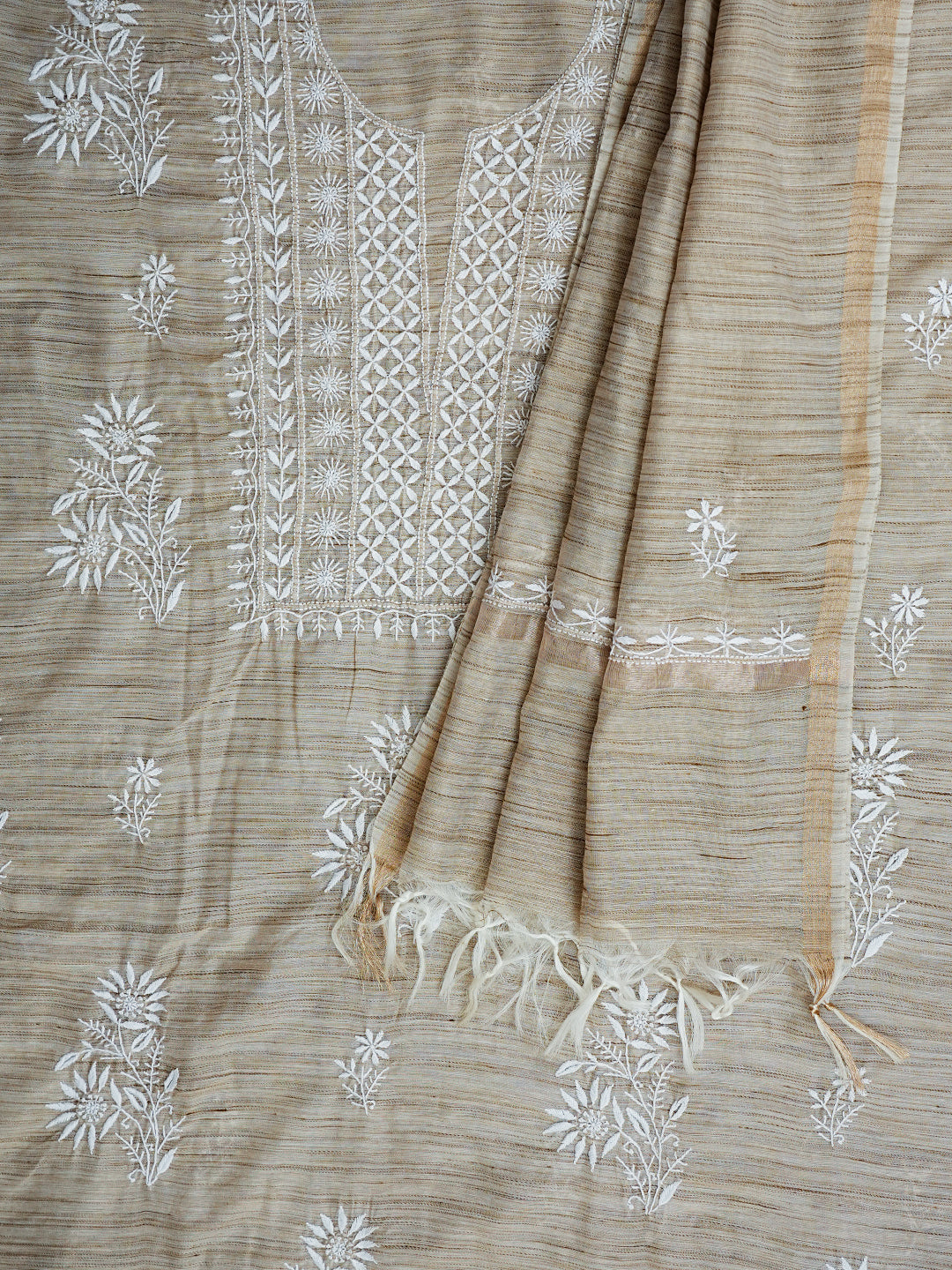 Ada Hand Embroidered Fawn Chanderi Lucknowi Chikankari Unstitched Kurta Dupatta Set 07A501035