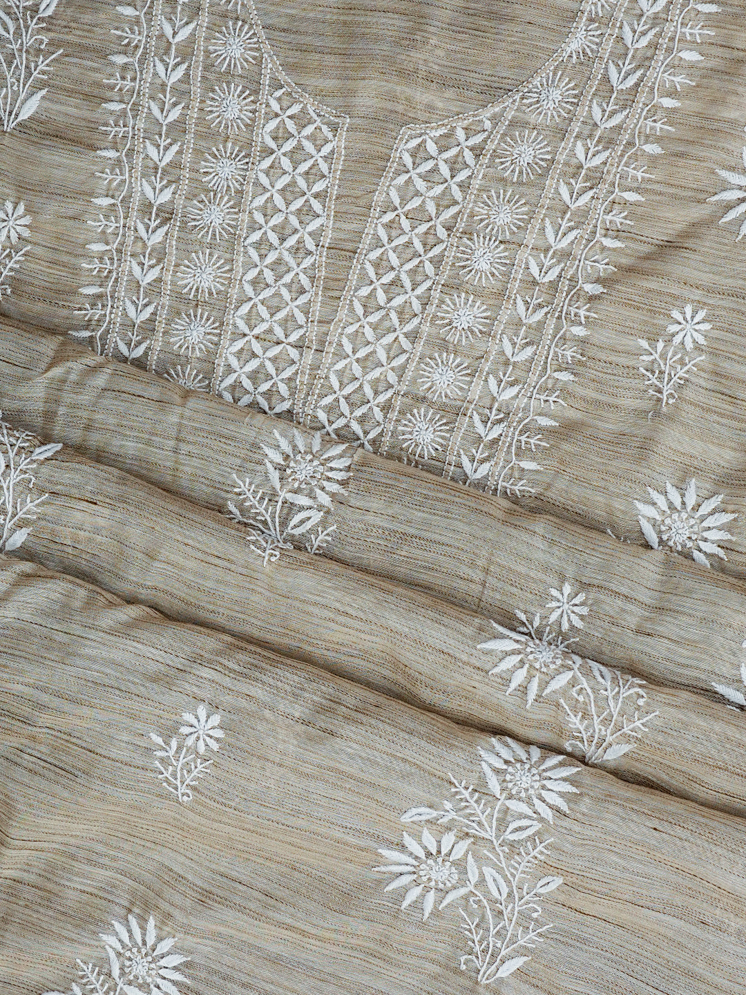 Ada Hand Embroidered Fawn Chanderi Lucknowi Chikankari Unstitched Kurta Dupatta Set 07A501035
