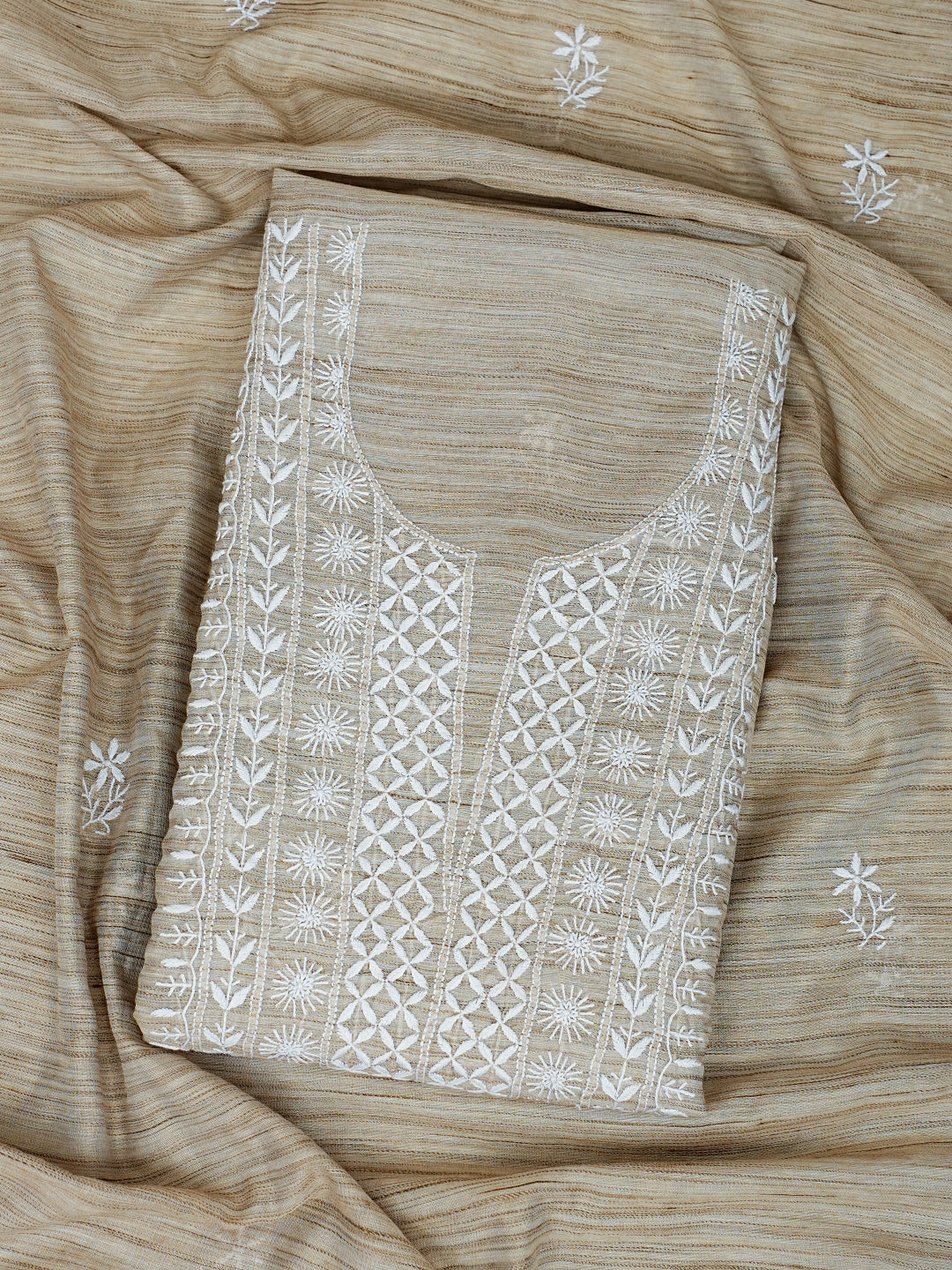 Ada Hand Embroidered Fawn Chanderi Lucknowi Chikankari Unstitched Kurta Dupatta Set 07A501035