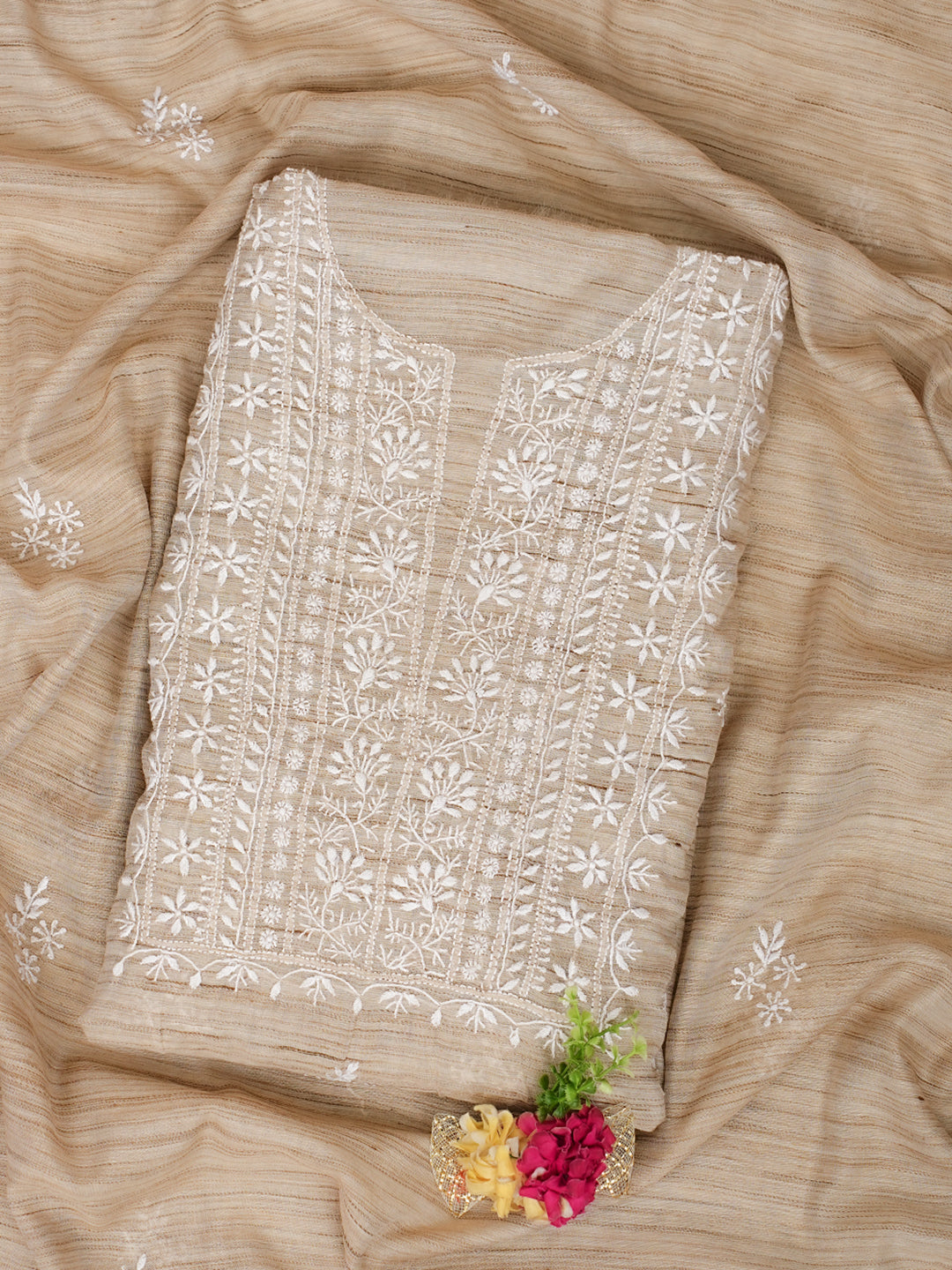 Ada Hand Embroidered Fawn Chanderi Lucknowi Chikankari Unstitched Kurta Dupatta Set 07A501051