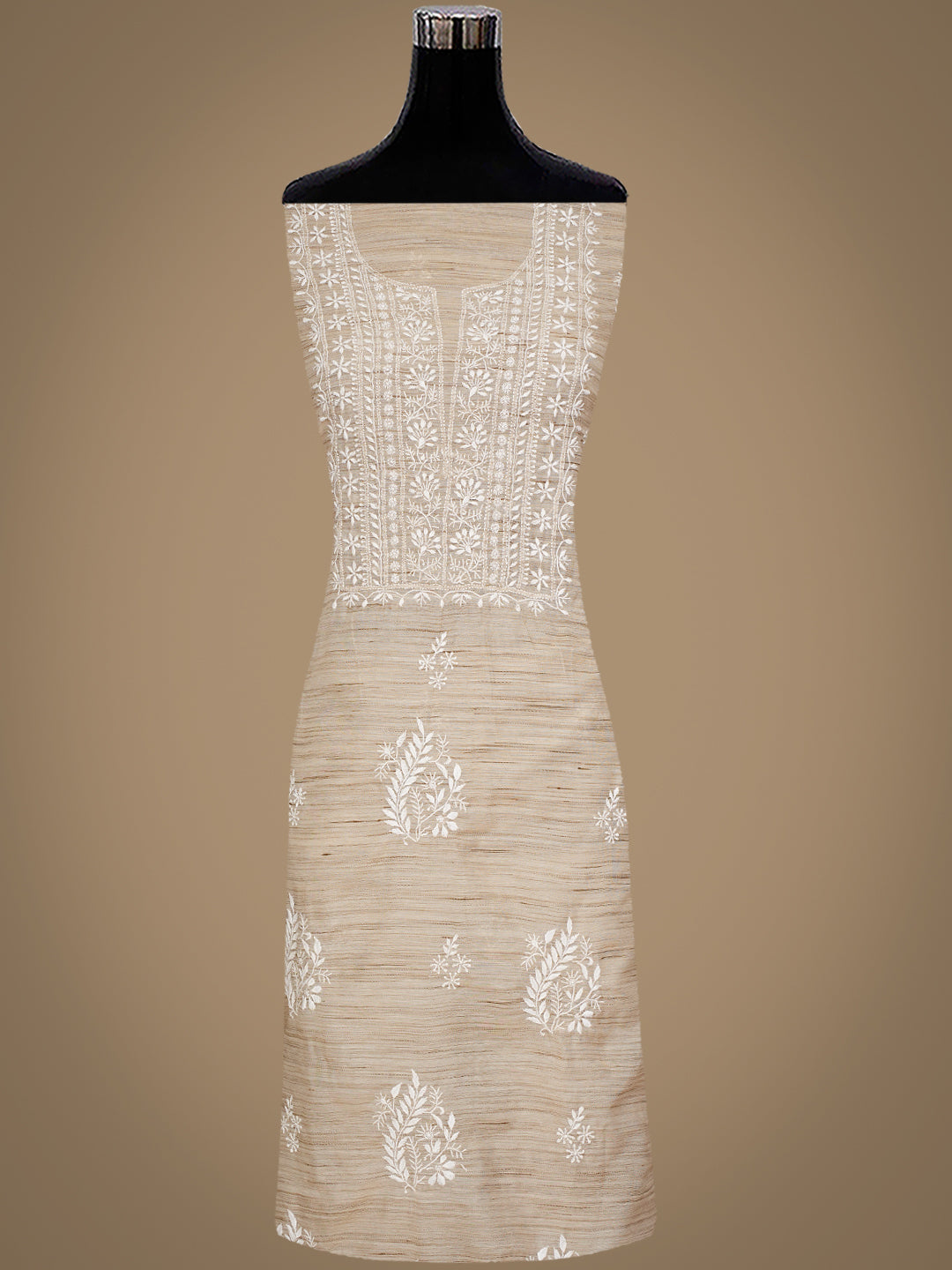 Ada Hand Embroidered Fawn Chanderi Lucknowi Chikankari Unstitched Kurta Dupatta Set 07A501051