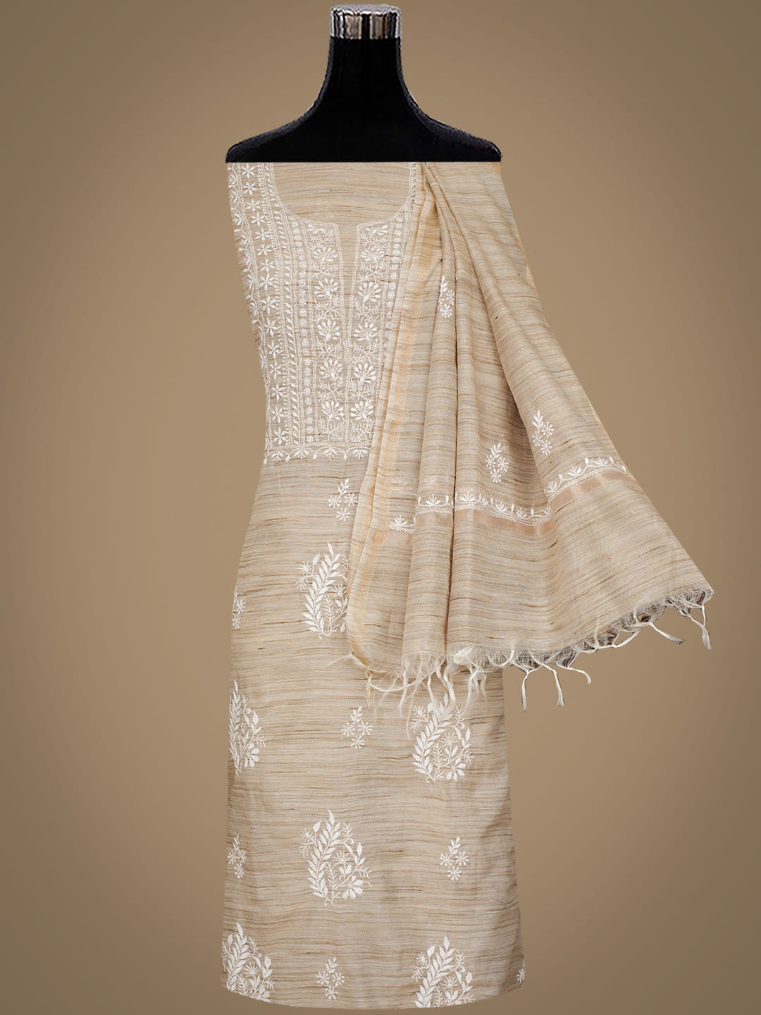 Ada Hand Embroidered Fawn Chanderi Lucknowi Chikankari Unstitched Kurta Dupatta Set 07A501051