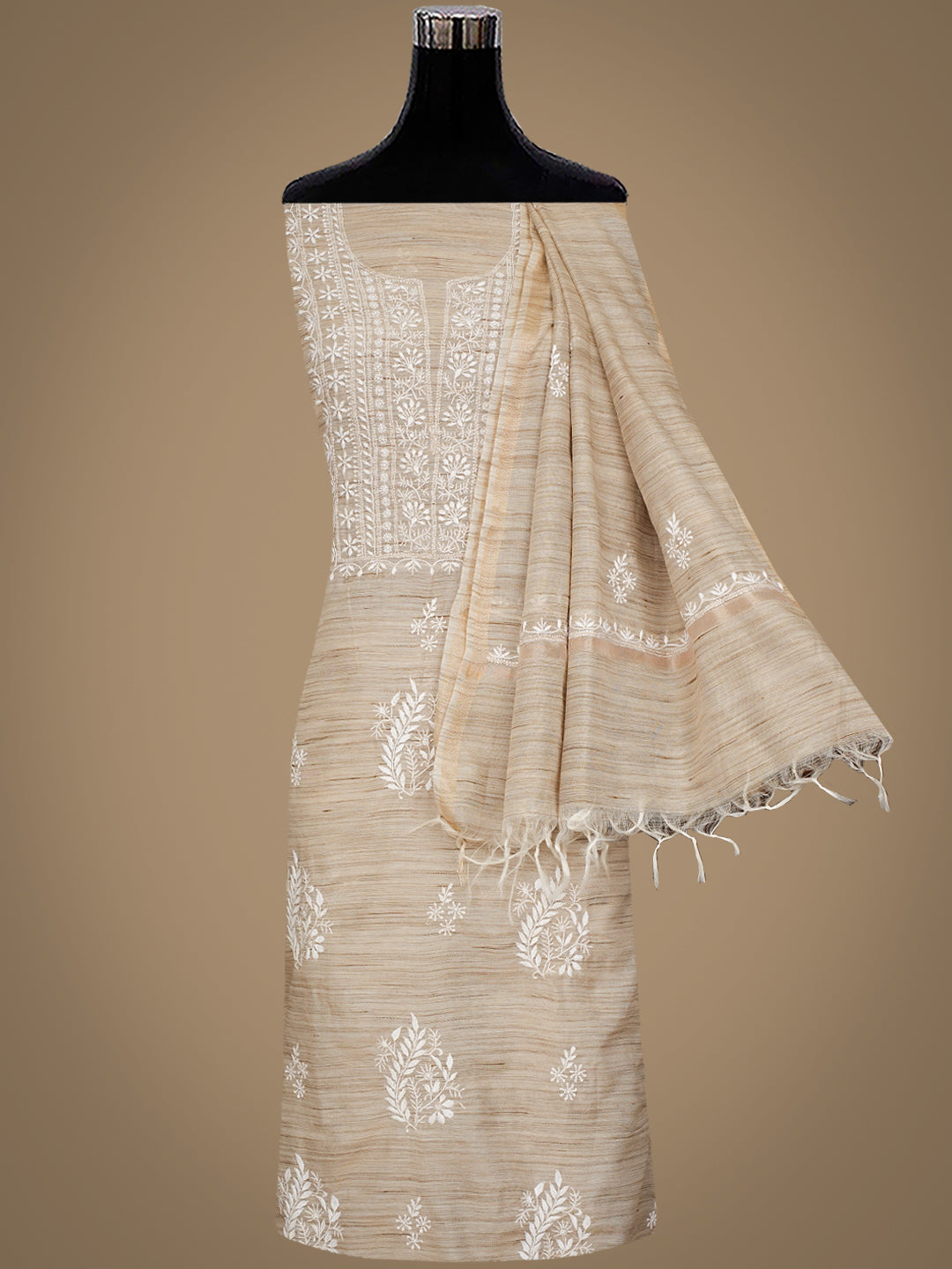 Ada Hand Embroidered Fawn Chanderi Lucknowi Chikankari Unstitched Kurta Dupatta Set 07A501051