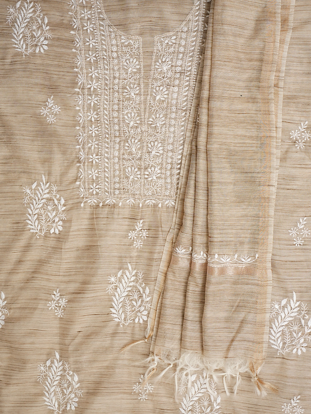 Ada Hand Embroidered Fawn Chanderi Lucknowi Chikankari Unstitched Kurta Dupatta Set 07A501051