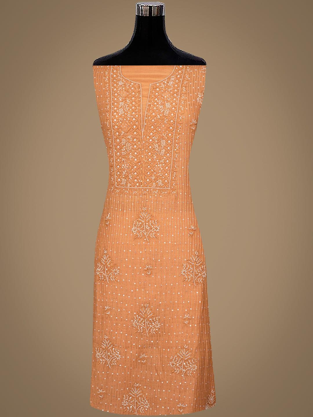 Ada Hand Embroidered Light Brown Chanderi Lucknowi Chikankari Unstitched Kurta Dupatta Set With Cutdana Work 01A762752