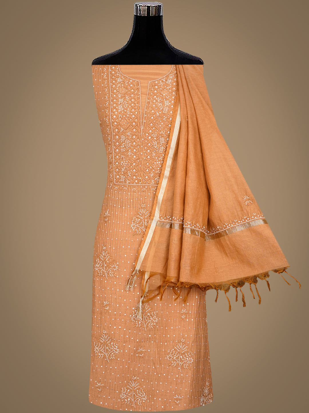 Ada Hand Embroidered Light Brown Chanderi Lucknowi Chikankari Unstitched Kurta Dupatta Set With Cutdana Work 01A762752