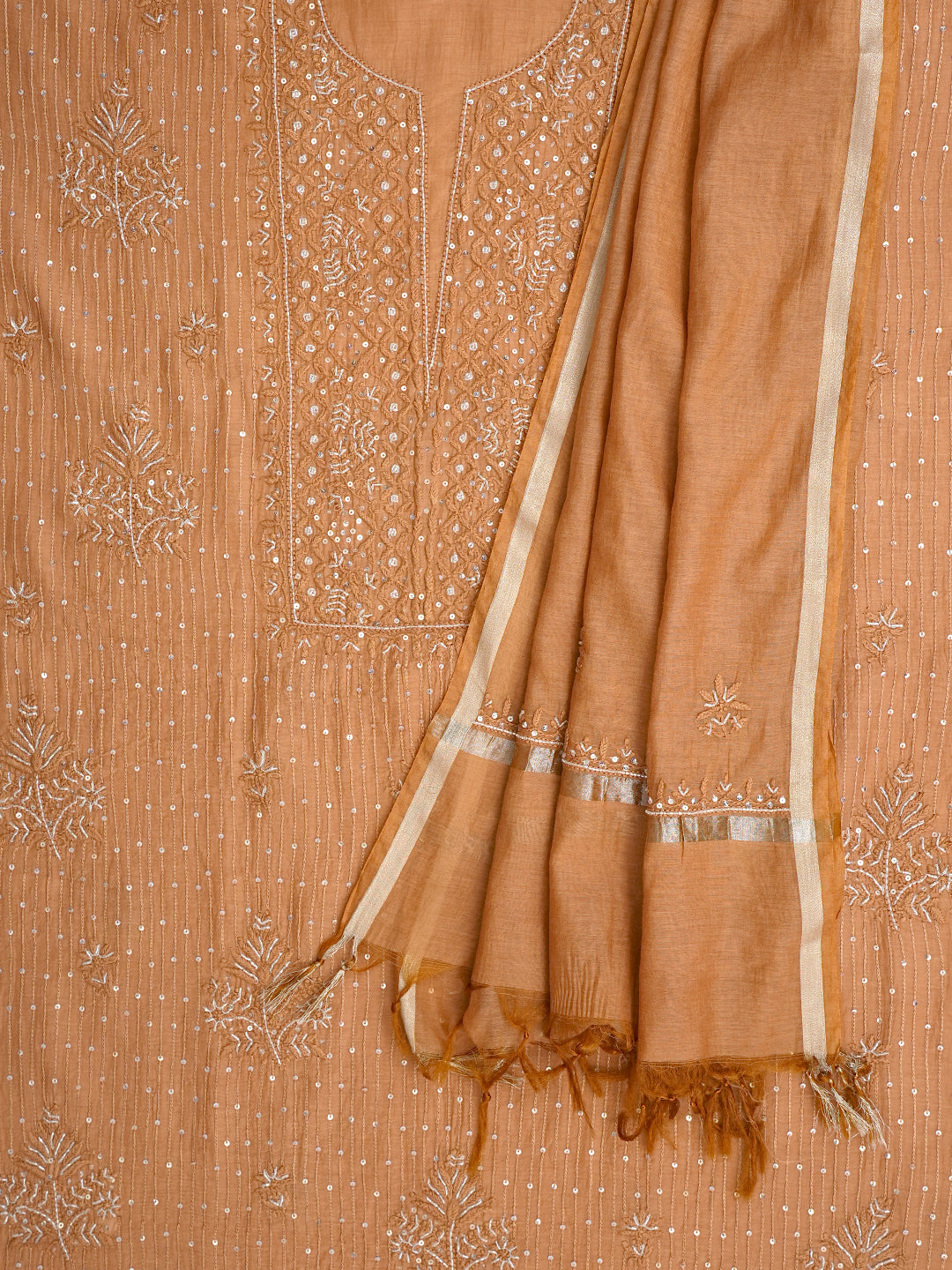 Ada Hand Embroidered Light Brown Chanderi Lucknowi Chikankari Unstitched Kurta Dupatta Set With Cutdana Work 01A762752