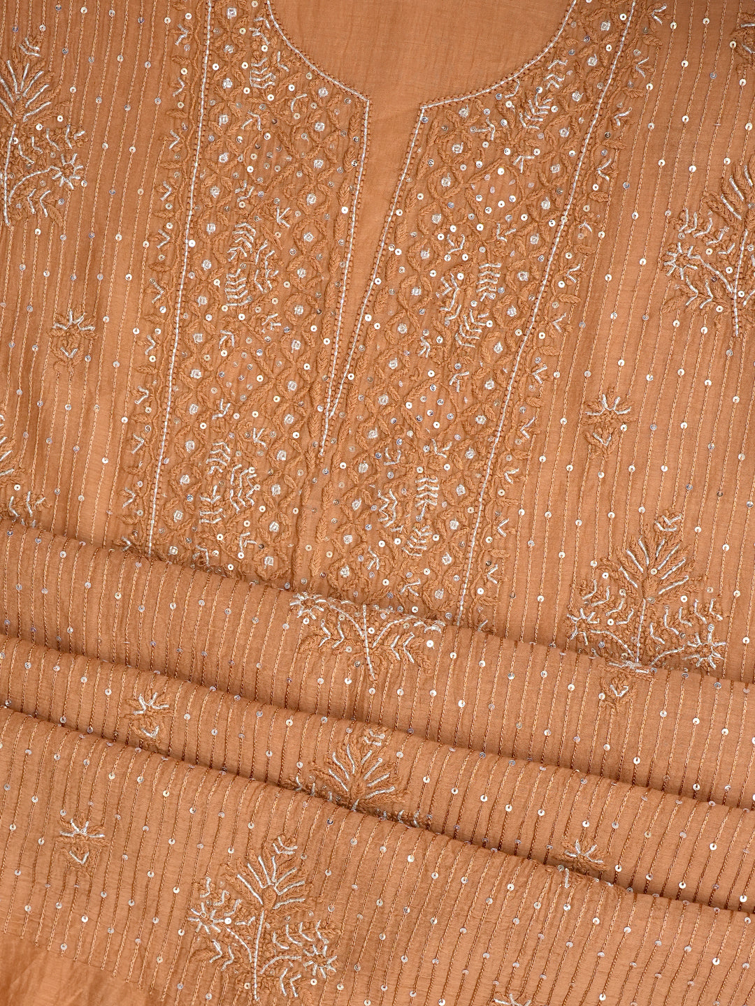 Ada Hand Embroidered Light Brown Chanderi Lucknowi Chikankari Unstitched Kurta Dupatta Set With Cutdana Work 01A762752