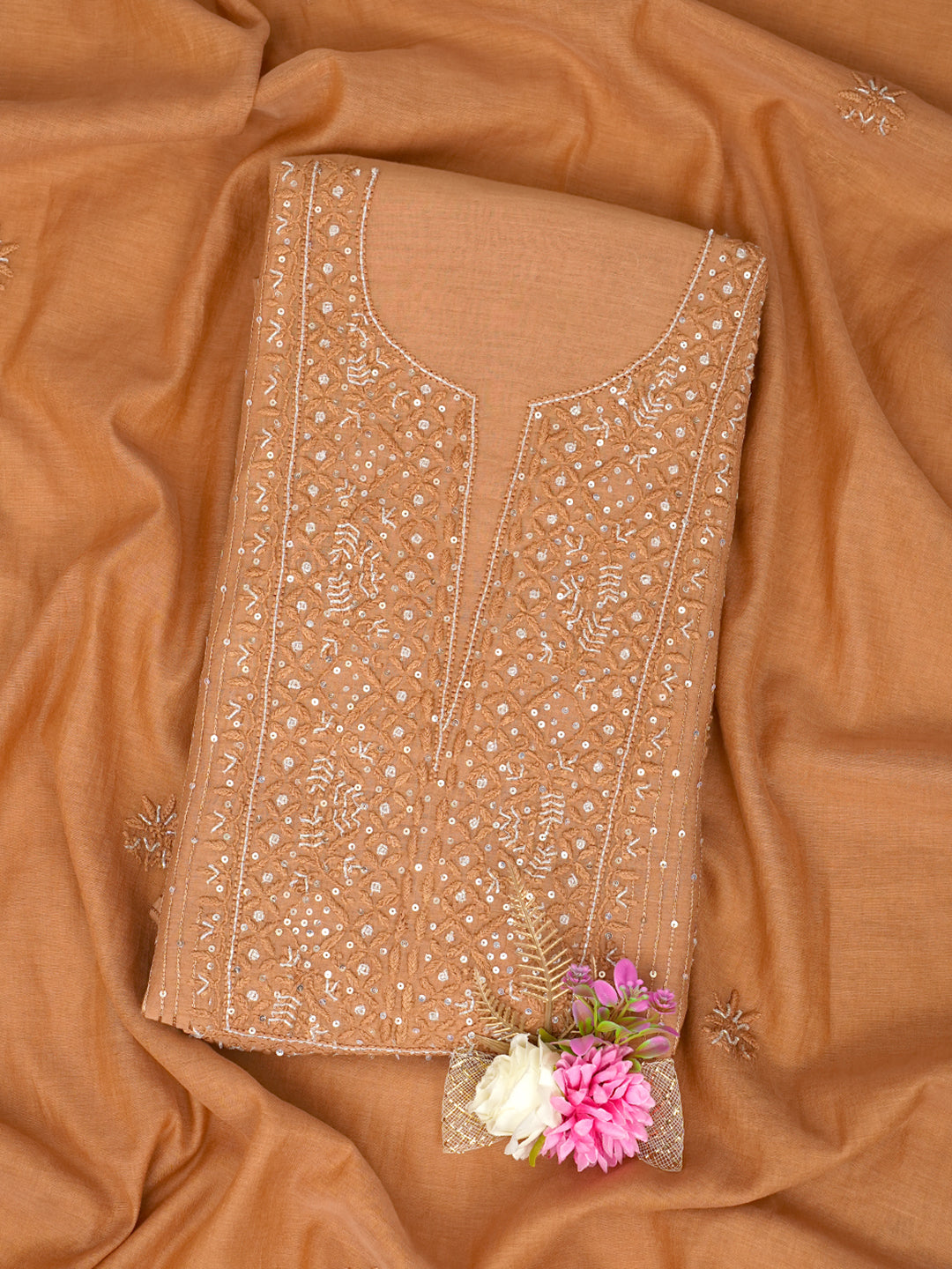 Ada Hand Embroidered Light Brown Chanderi Lucknowi Chikankari Unstitched Kurta Dupatta Set With Cutdana Work 01A762752