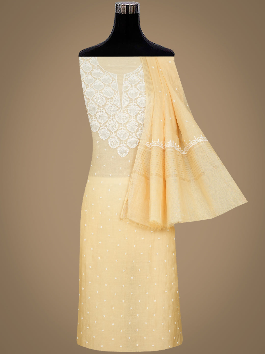 Ada Hand Embroidered Fawn Chanderi Lucknowi Chikankari Unstitched Kurta Dupatta Set With Cutdana Work 01A989935