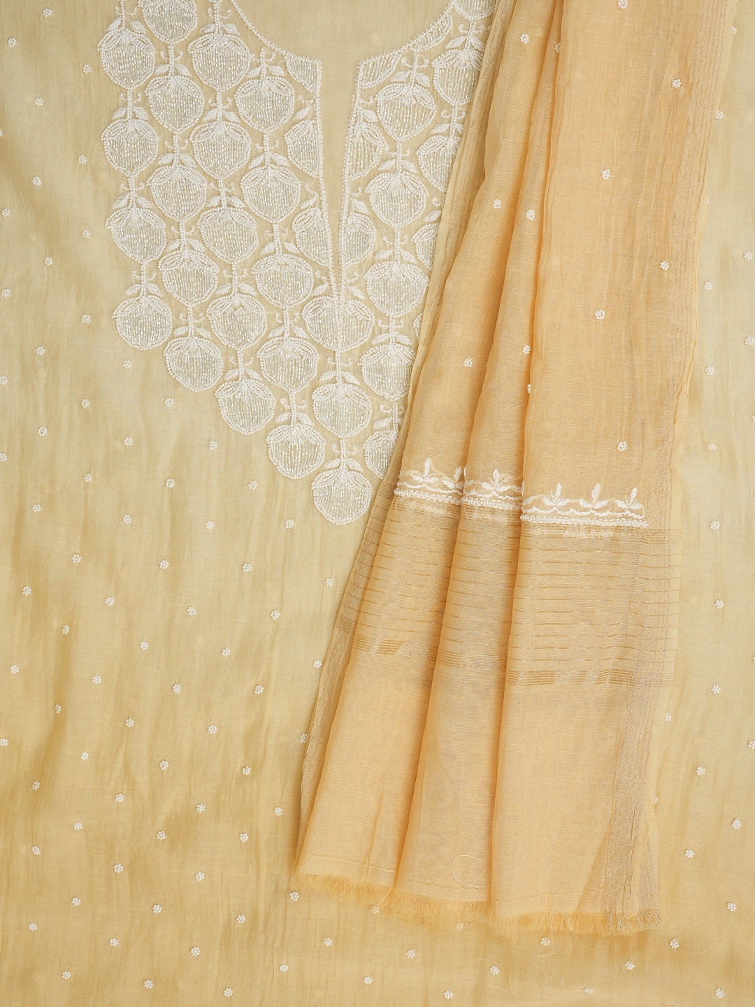 Ada Hand Embroidered Fawn Chanderi Lucknowi Chikankari Unstitched Kurta Dupatta Set With Cutdana Work 01A989935