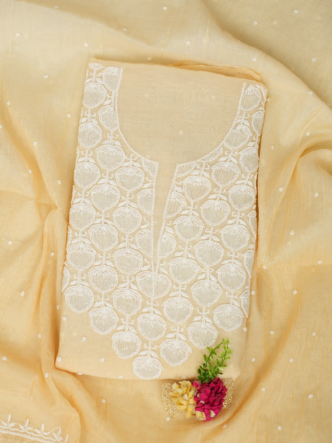 Ada Hand Embroidered Fawn Chanderi Lucknowi Chikankari Unstitched Kurta Dupatta Set With Cutdana Work 01A989935