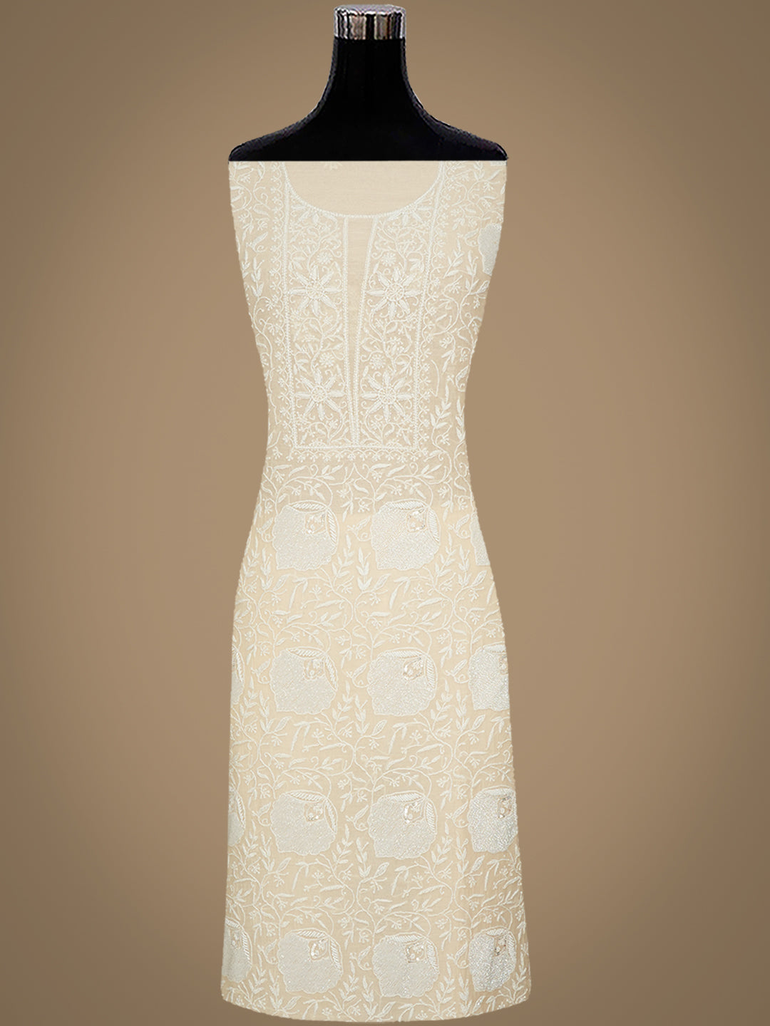 Ada Hand Embroidered Fawn Chanderi Lucknowi Chikankari Unstitched Kurta Dupatta Set With Pearl, Sequinned & Cutdana Work 01A1000561
