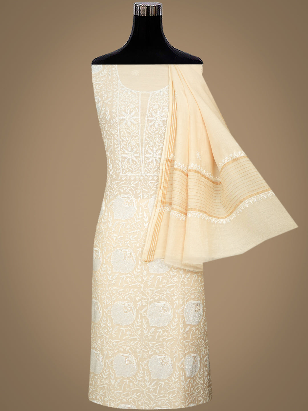 Ada Hand Embroidered Fawn Chanderi Lucknowi Chikankari Unstitched Kurta Dupatta Set With Pearl, Sequinned & Cutdana Work 01A1000561