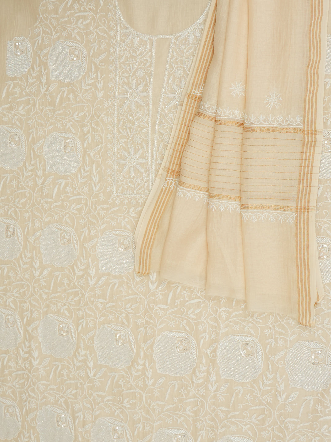 Ada Hand Embroidered Fawn Chanderi Lucknowi Chikankari Unstitched Kurta Dupatta Set With Pearl, Sequinned & Cutdana Work 01A1000561