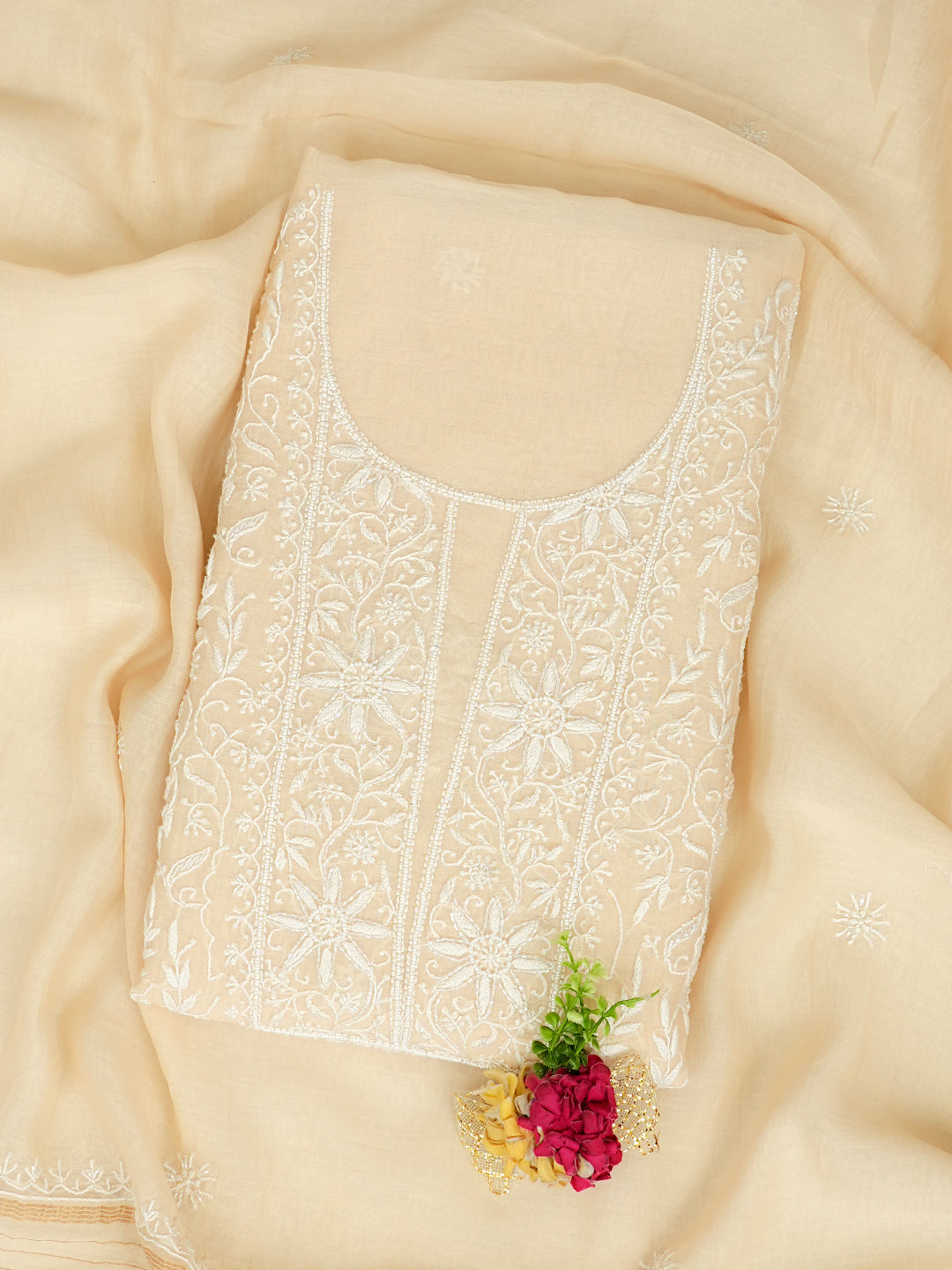 Ada Hand Embroidered Fawn Chanderi Lucknowi Chikankari Unstitched Kurta Dupatta Set With Pearl, Sequinned & Cutdana Work 01A1000561