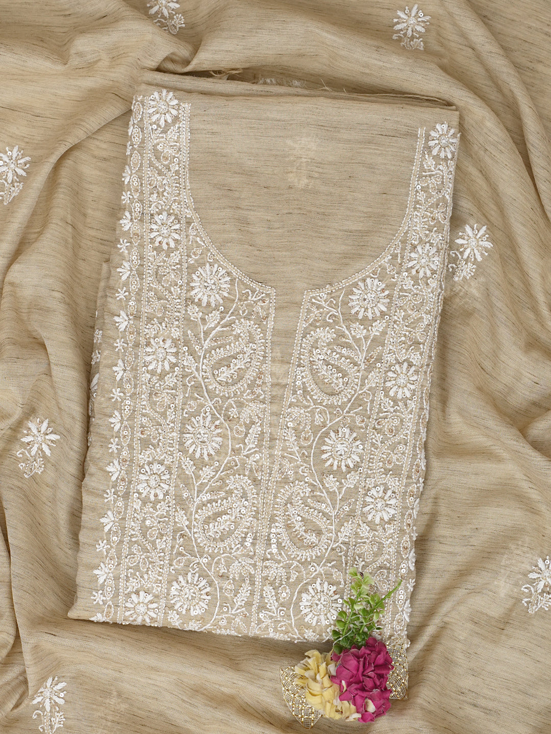 Ada Hand Embroidered Fawn Chanderi Lucknowi Chikankari Unstitched Kurta Dupatta With Cutdana Work 07A501708
