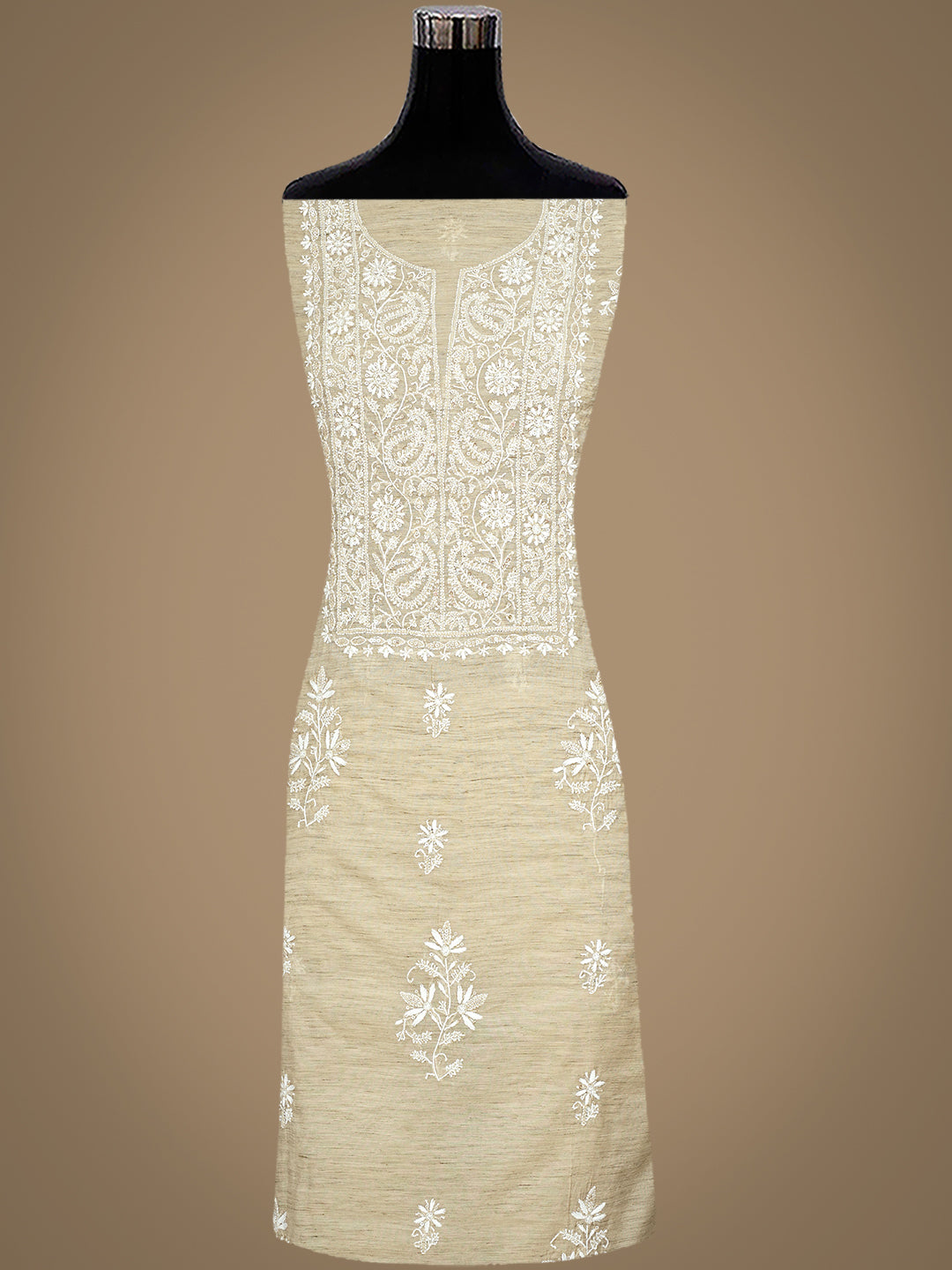 Ada Hand Embroidered Fawn Chanderi Lucknowi Chikankari Unstitched Kurta Dupatta With Cutdana Work 07A501708