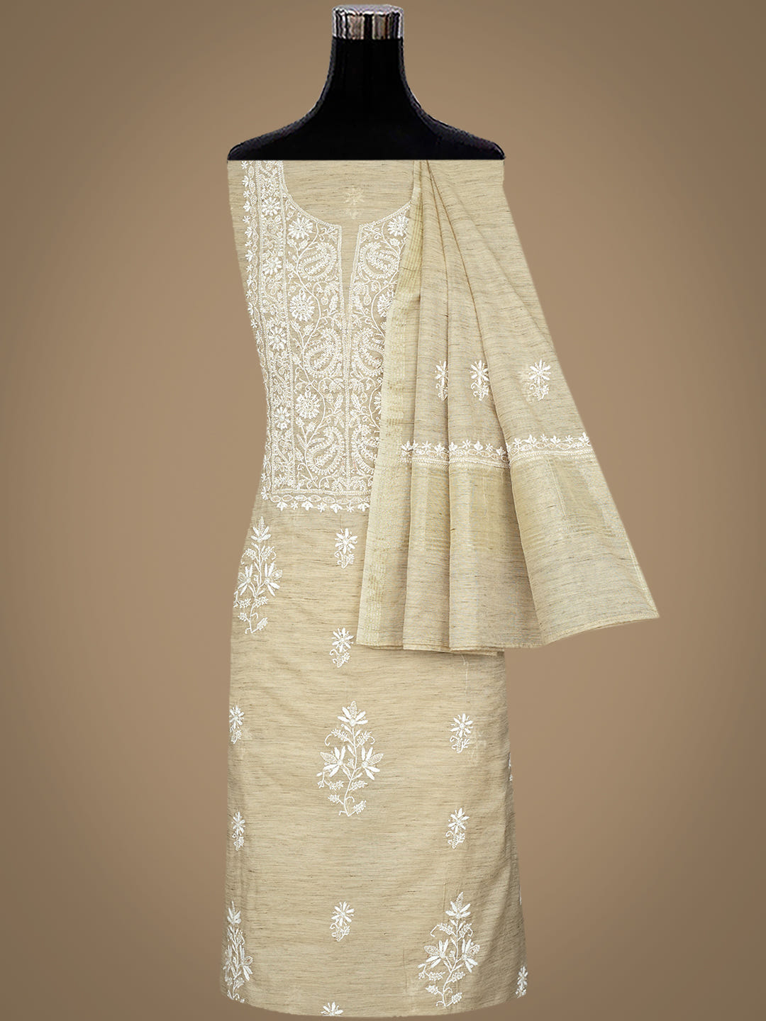 Ada Hand Embroidered Fawn Chanderi Lucknowi Chikankari Unstitched Kurta Dupatta Set With Cutdana Work 07A501708