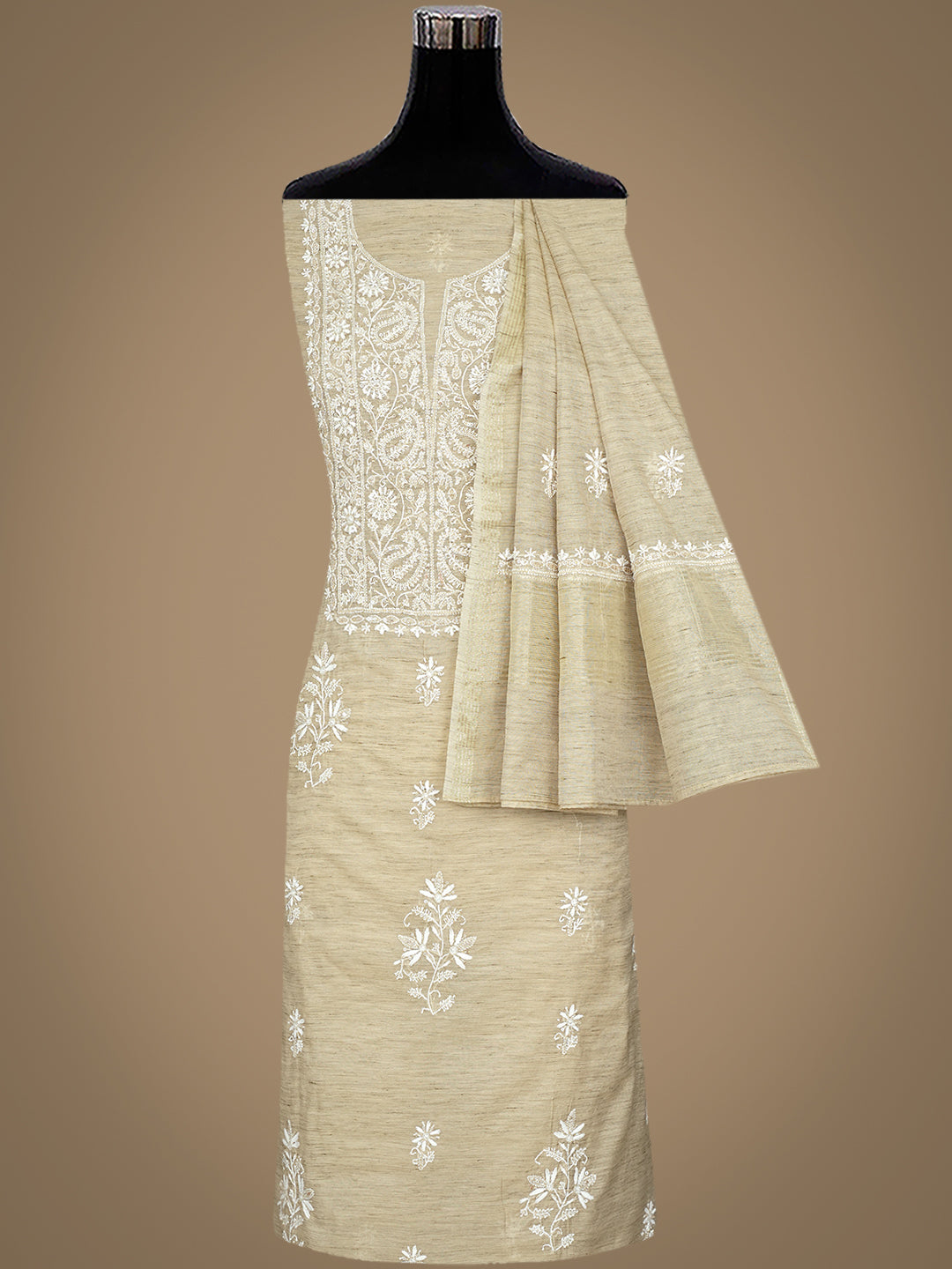 Ada Hand Embroidered Fawn Chanderi Lucknowi Chikankari Unstitched Kurta Dupatta With Cutdana Work 07A501708