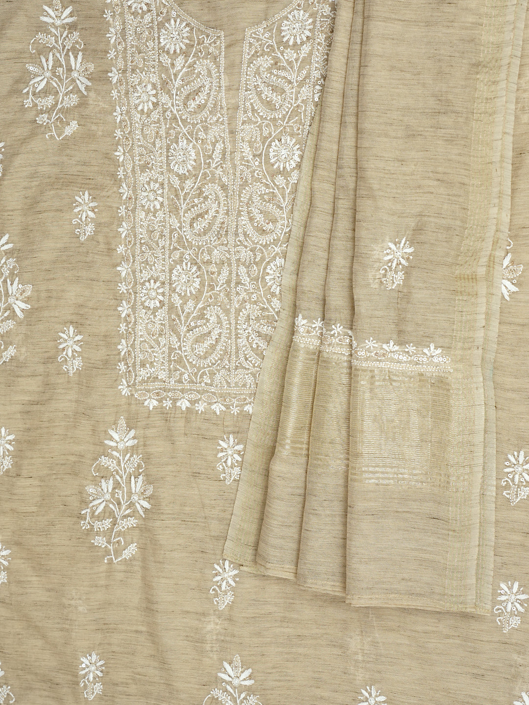 Ada Hand Embroidered Fawn Chanderi Lucknowi Chikankari Unstitched Kurta Dupatta With Cutdana Work 07A501708