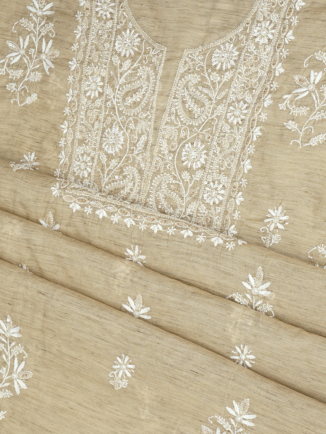 Ada Hand Embroidered Fawn Chanderi Lucknowi Chikankari Unstitched Kurta Dupatta With Cutdana Work 07A501708