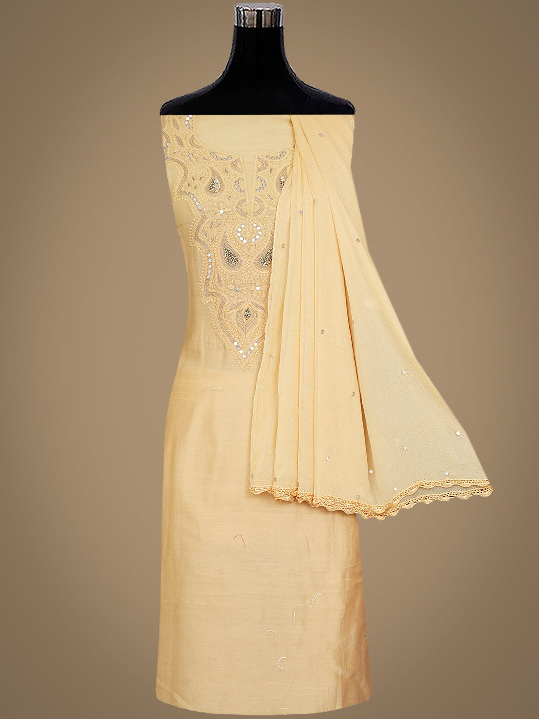 Ada Hand Embroidered Fawn Chanderi Lucknowi Chikankari Unstitched Kurta Dupatta With Zari Work A505511