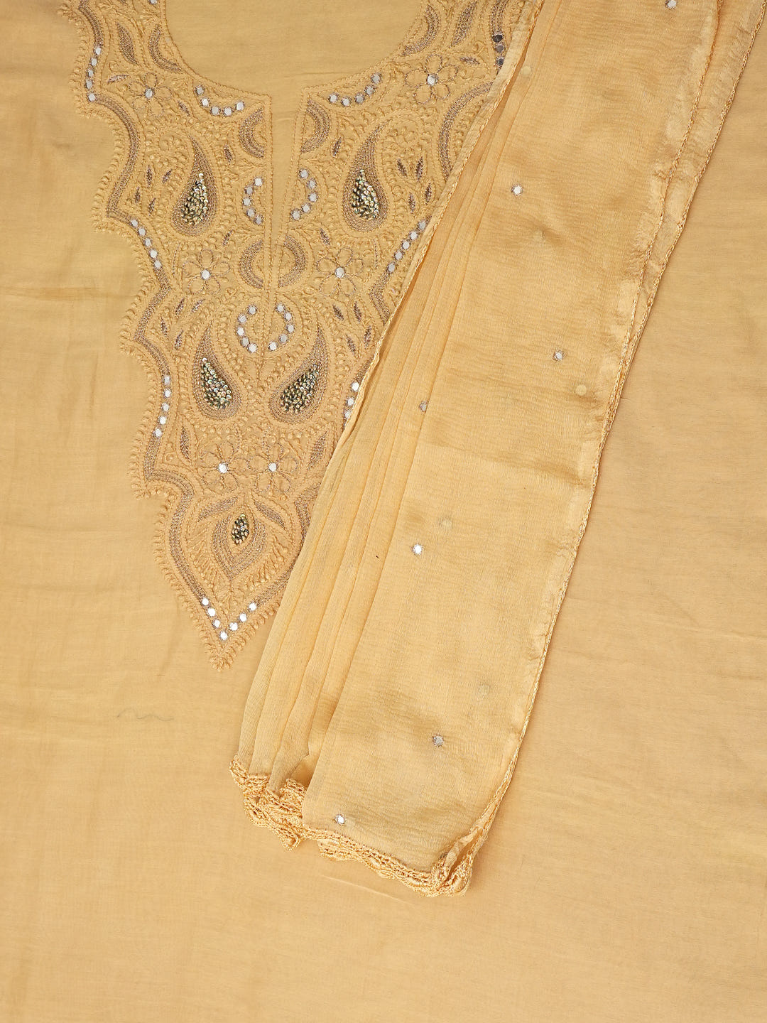 Ada Hand Embroidered Fawn Chanderi Lucknowi Chikankari Unstitched Kurta Dupatta With Zari Work A505511