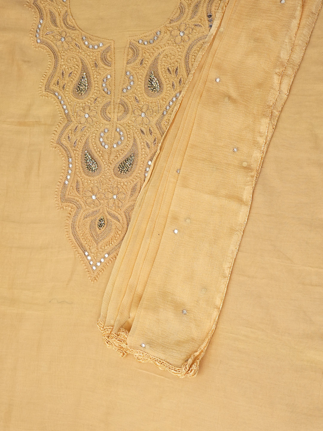 Ada Hand Embroidered Fawn Chanderi Lucknowi Chikankari Unstitched Kurta Dupatta With Zari Work A505511