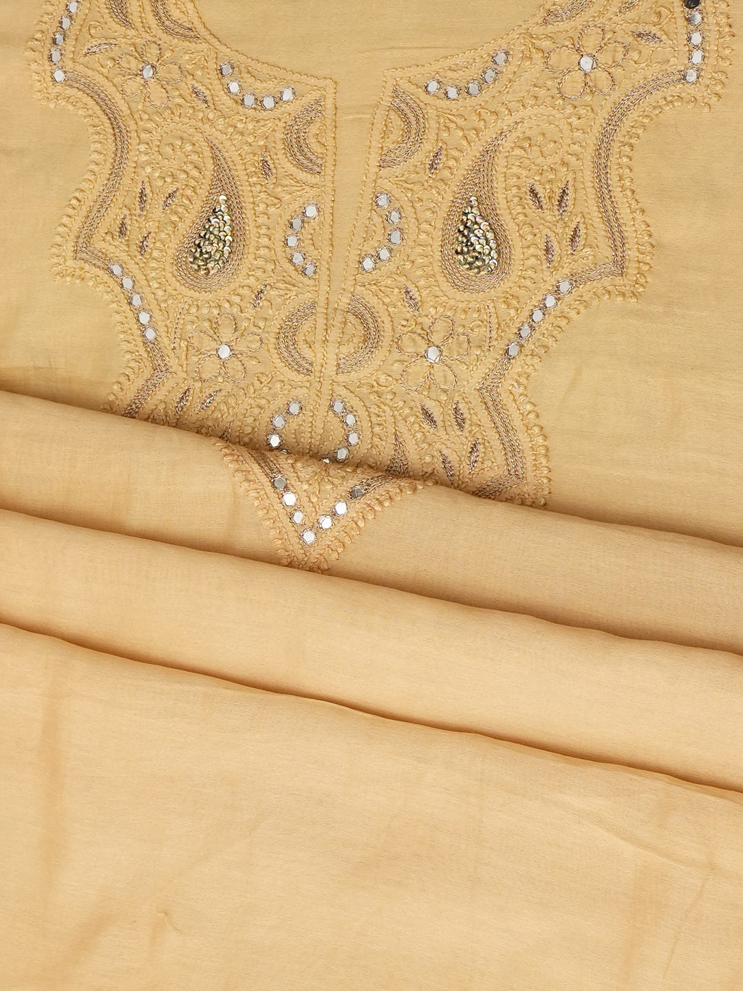Ada Hand Embroidered Fawn Chanderi Lucknowi Chikankari Unstitched Kurta Dupatta With Zari Work A505511