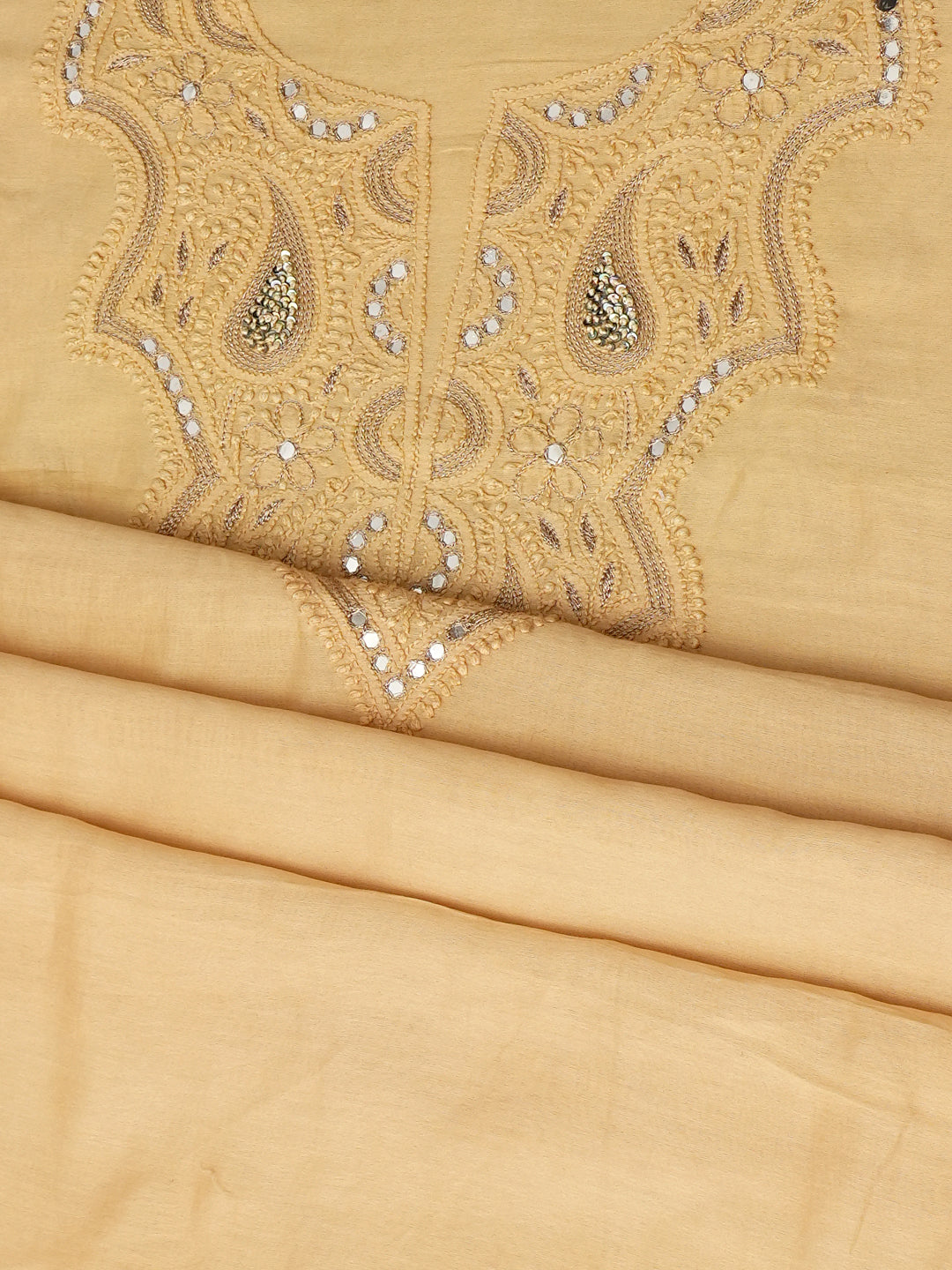 Ada Hand Embroidered Fawn Chanderi Lucknowi Chikankari Unstitched Kurta Dupatta With Zari Work A505511