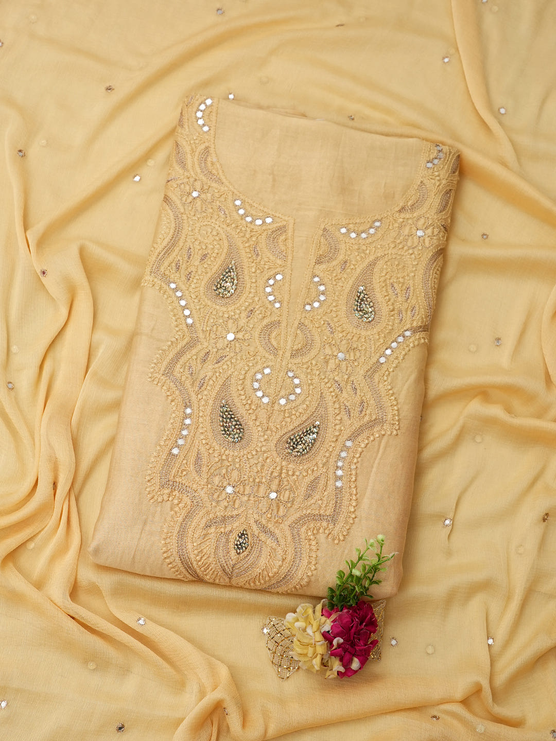 Ada Hand Embroidered Fawn Chanderi Lucknowi Chikankari Unstitched Kurta Dupatta With Zari Work A505511